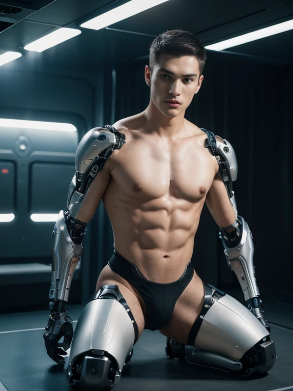 original photo, (full-body shot), ((cybernetic)) Artificial organism resembling a young person ((18 year old man)), kneeling, Bald, Muscular, slender, sculpted figure, Protruding six pack abs, Beautiful young face, plump lips, Fully grow，Standing on a spaceship, ((masterpiece)), ((best quality)), 8K,high detail, Super detailed, neutral expressions, fashion pose, Realistic skin texture, movie lighting, (full-body shot) , (natural posture:1.2) , (Delicate and beautiful skin:1.2) , (Beautiful and delicate face:1.2) , textured skin, (Detailed face and eyes:1.3)