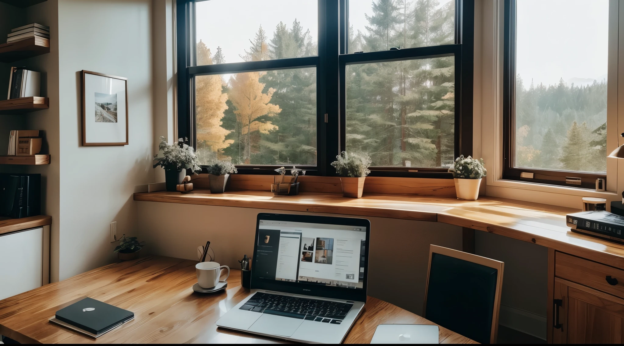cozy home office setup with a laptop, coffee mug, and large window with natural light, 4K resolution, warm preset, cozy style, medium contrast