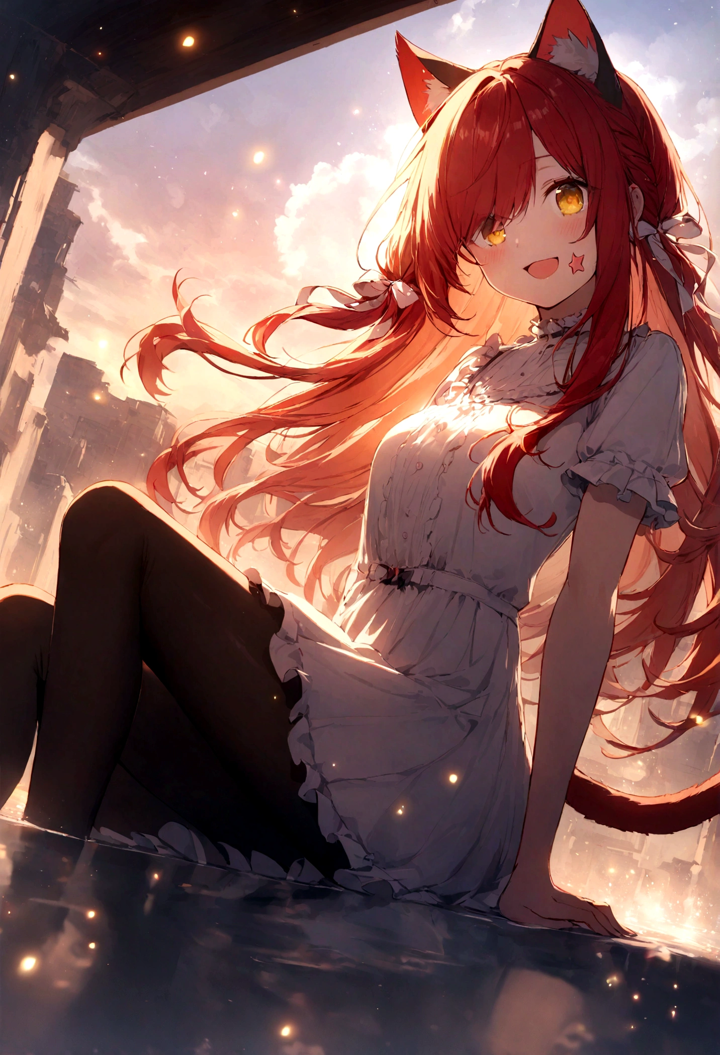 (glowing luminous cat tail, cat ears), cinematic lighting, mirage, 1 girl, multicolored hair, luminous red hair tips, cat tail, yellow eyes, glitter hair, a bright light blue star on the left cheek, hair ribbon, very long hair, very happy, cute, pantyhose, ((1girl, solo), cheerful, dynamic angle, outdoors, reflection, falling floating, sitting, hair over eyes,
