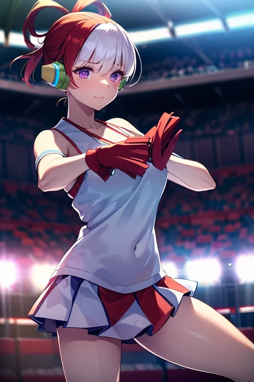 1 female cheerleader solo, red hair, 1girl, uta, 1girl, purple eyes, white hair, multicolored hair, White shirt,Red skirt,White socks,dual horsetail,(plumw:1.3),ssmile,Exercise posture,Cheerleading pompom in hand,(stadio:1.5)、closeup cleavage、RAW photography, top-quality, A high resolution, (tmasterpiece), (Photorealsitic:1.4),sharp focus, NFFSW, 8K resolution, intricately details, depth of fields, the Extremely Detailed CG Unity 8K Wallpapers, Frontlighting,