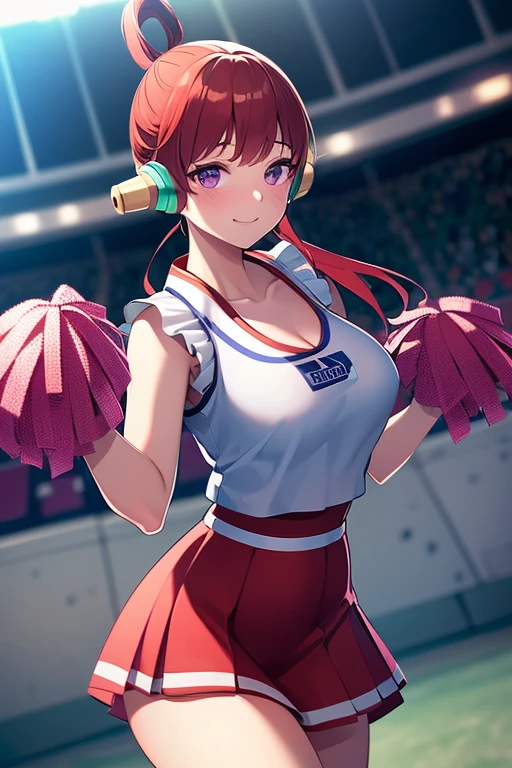 1 female cheerleader solo, red hair, 1girl, uta, 1girl, purple eyes, white hair, multicolored hair, White shirt，Red skirt，White socks，dual horsetail，(plumw:1.3)，ssmile，Exercise posture，Cheerleading pompom in hand，(stadio:1.5)、closeup cleavage、RAW photography, top-quality, A high resolution, (tmasterpiece), (Photorealsitic:1.4),sharp focus, NFFSW, 8K resolution, intricately details, depth of fields, the Extremely Detailed CG Unity 8K Wallpapers, Frontlighting,