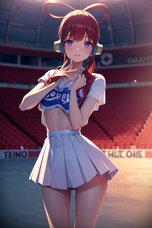 1 female cheerleader solo, red hair, 1girl, uta, 1girl, purple eyes, white hair, multicolored hair, White shirt,Red skirt,White socks,dual horsetail,(plumw:1.3),ssmile,Exercise posture,Cheerleading pompom in hand,(stadio:1.5)、closeup cleavage、RAW photography, top-quality, A high resolution, (tmasterpiece), (Photorealsitic:1.4),sharp focus, NFFSW, 8K resolution, intricately details, depth of fields, the Extremely Detailed CG Unity 8K Wallpapers, Frontlighting,