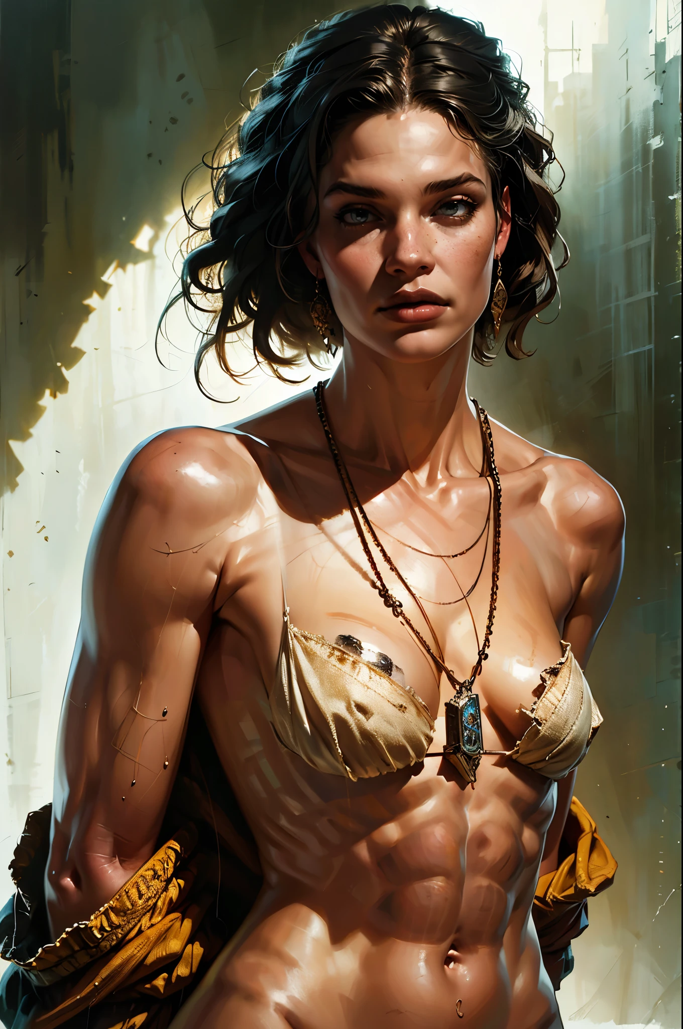 realistic fantasy portrait,1girl,standing pose,short unkempt hair,nude,pirate lady,detailed facial features,beautiful eyes,high quality details,masterpiece,photorealistic,ultra-detailed,highly detailed,vivid colors,dramatic lighting,warm color palette,chiaroscuro lighting,dramatic shadows,detailed jewelry,cinematic composition,elegant pose,proud expression,naturalistic skin tones