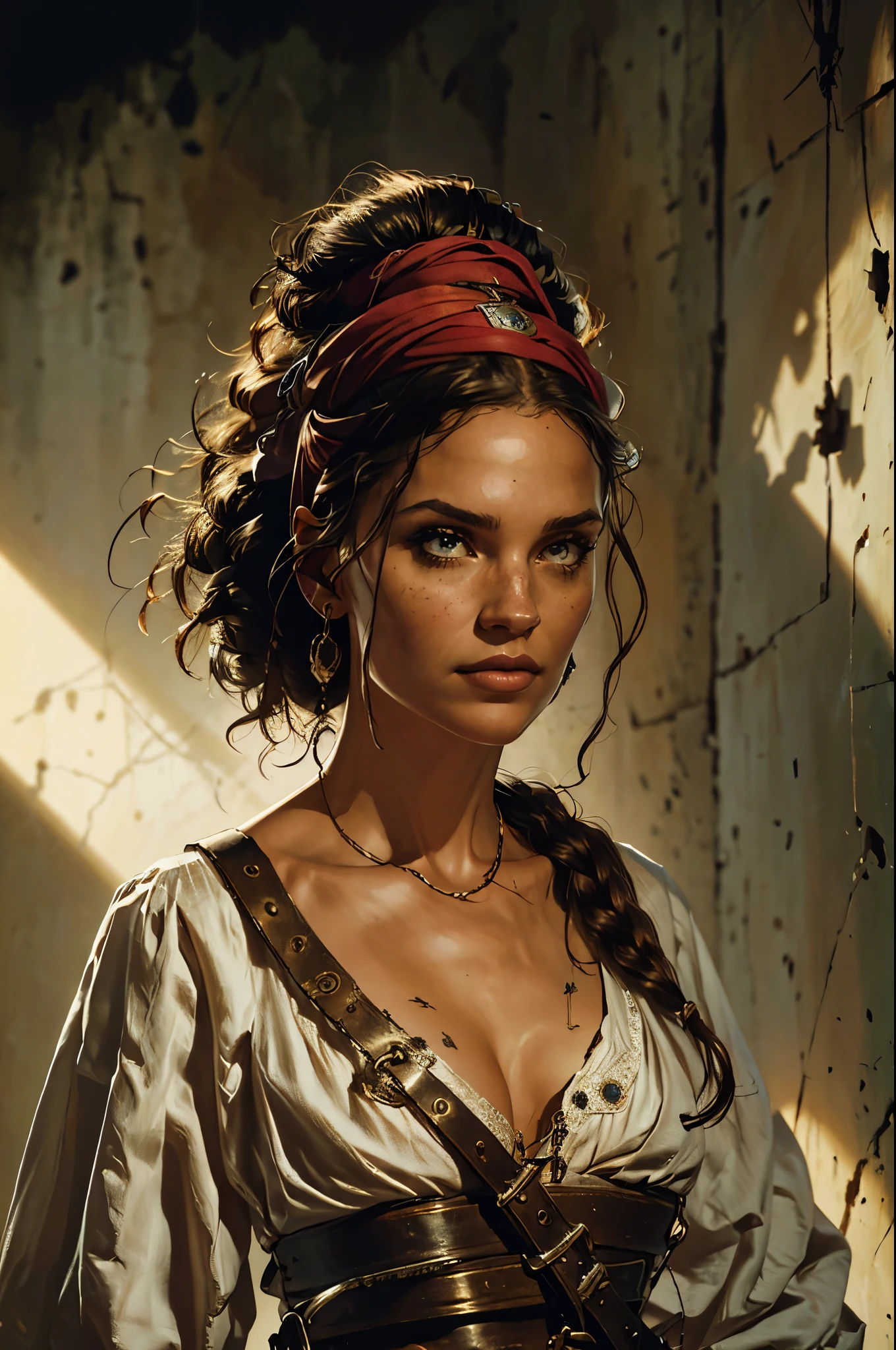 realistic fantasy portrait,1girl,standing pose,short unkempt hair,pirate lady,pirate clothes,detailed facial features,beautiful eyes,high quality details,masterpiece,photorealistic,ultra-detailed,highly detailed,vivid colors,dramatic lighting,warm color palette,chiaroscuro lighting,dramatic shadows,detailed jewelry,cinematic composition,elegant pose,proud expression,naturalistic skin tones