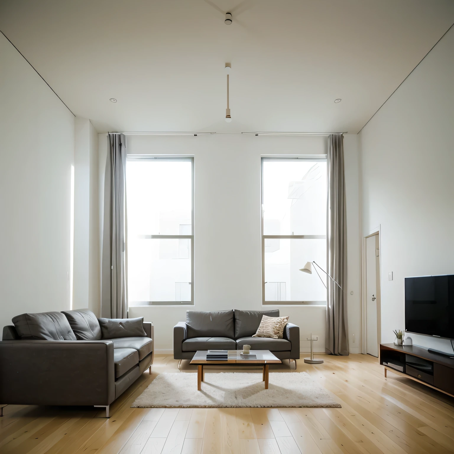 modern, minimalist, open, spacious, interior, living room, double volume, tilt shift, wide view,