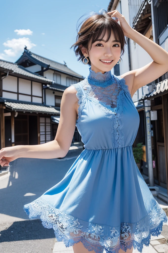 a woman posing on the street corner with Blue clothes on, highest quality, 1peopleの女の子, Big Breasts, Day, bright, Blur the background, Bokeh, Outdoor, (street:0.8), (people々, crowd:1), (lace trim dress:1.5, Sleeveless dress, Blue clothes, Blue High Neck Dress:1.2, Blue clothes: 1.5), nice, (short hair, amount:1.2), Beautifully detailed skies, Earrings, (Dynamic pose:1.2), (Upper Body:0.8), Soft lighting, Wind, Shiny skin, smile,Hanamikoji in Kyoto