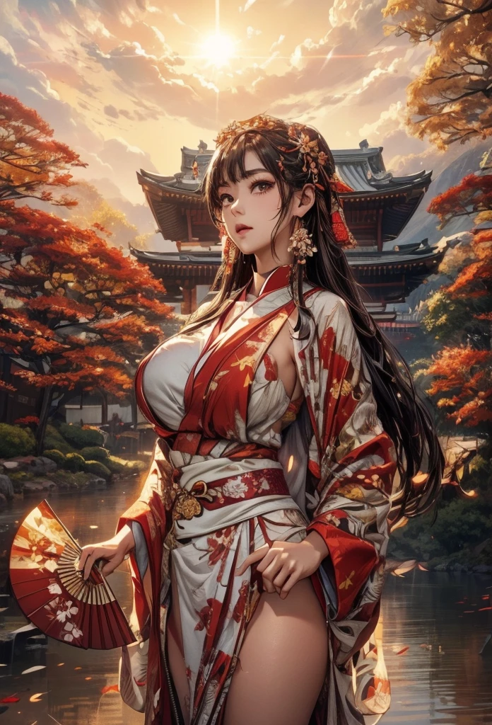 Holding a fan in his right hand、I am staring at me、Exposing thighs、The skin of the thighs is visible、The thighs look white in the light、Shoot arrows with a bow、White thighs、The thighs have translucent skin、The kimono is mini length、The kimono is short、The kimono is a lustrous red color.、Luxurious red kimono、The autumn leaves at sunset are beautiful、Autumn leaves scatter、Background H Depth