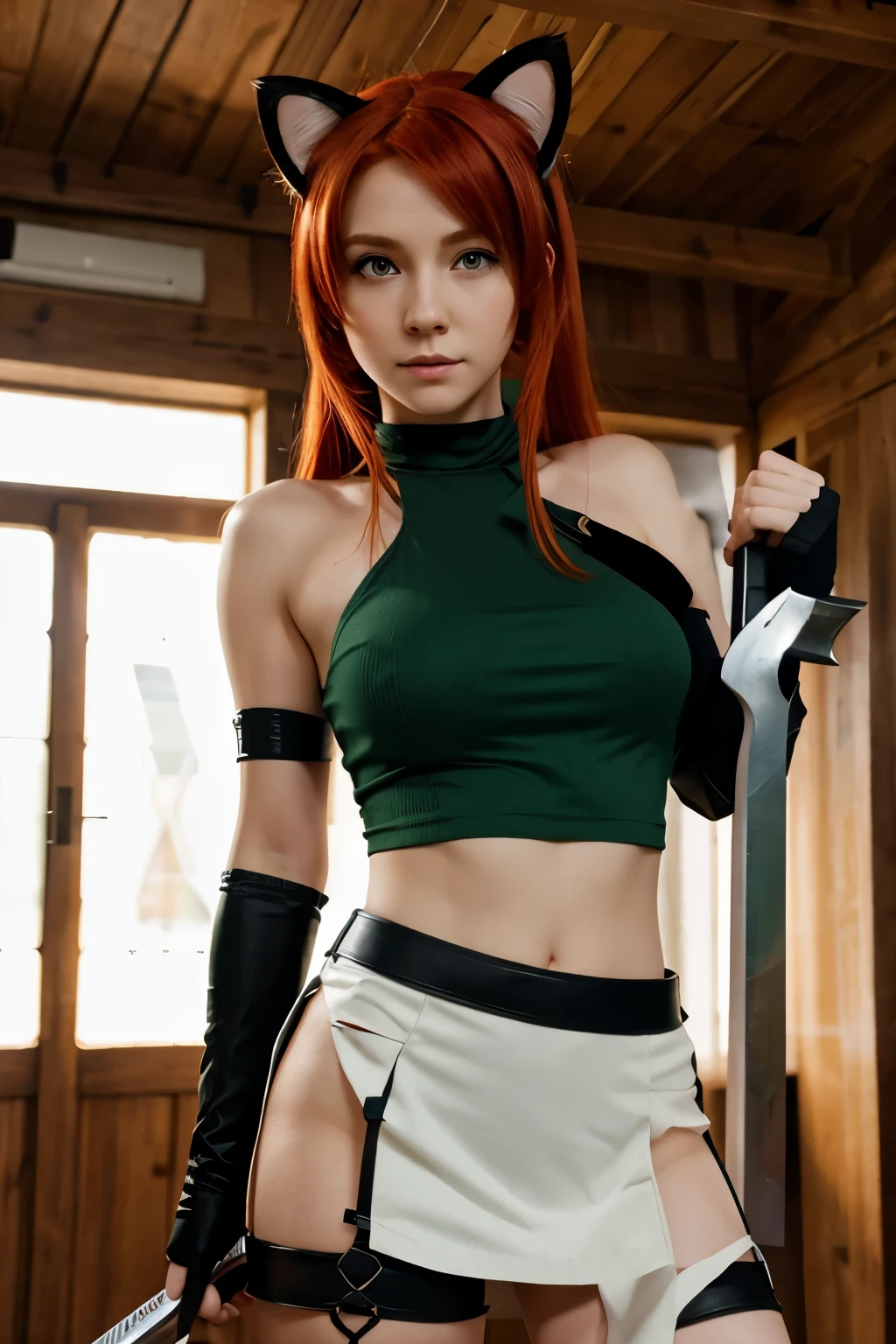 Red Hair, Green Eyes, Cat Ears, Anime Girl, Sword and Shield