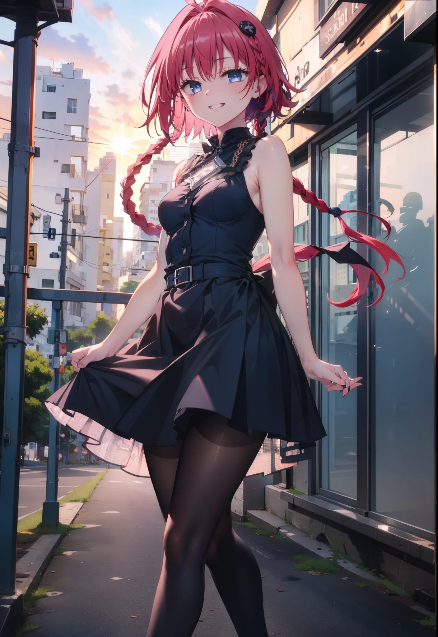 (masterpiece, highest quality:1.2),shape,8k,High resolution,kurosaki mea,Red Hair,Long Hair,Long braids,Purple eyes,1 girl,Grin,smile,Sleeveless black dress,Bare arms,black long skirt,Black pantyhose,Stiletto heels,evening,Sunset,The sun is setting,Looking up or down,
break looking at viewer,whole body, (Cowboy Shot:1. 5)
break outdoors, Coastal Road,
break (masterpiece:1.2), highest quality, High resolution, unity 8k wallpaper, (shape:0.8), (Beautiful and beautiful eyes:1.6), Highly detailed face, Perfect lighting, Extremely detailed CG, (Perfect hands, Perfect Anatomy),