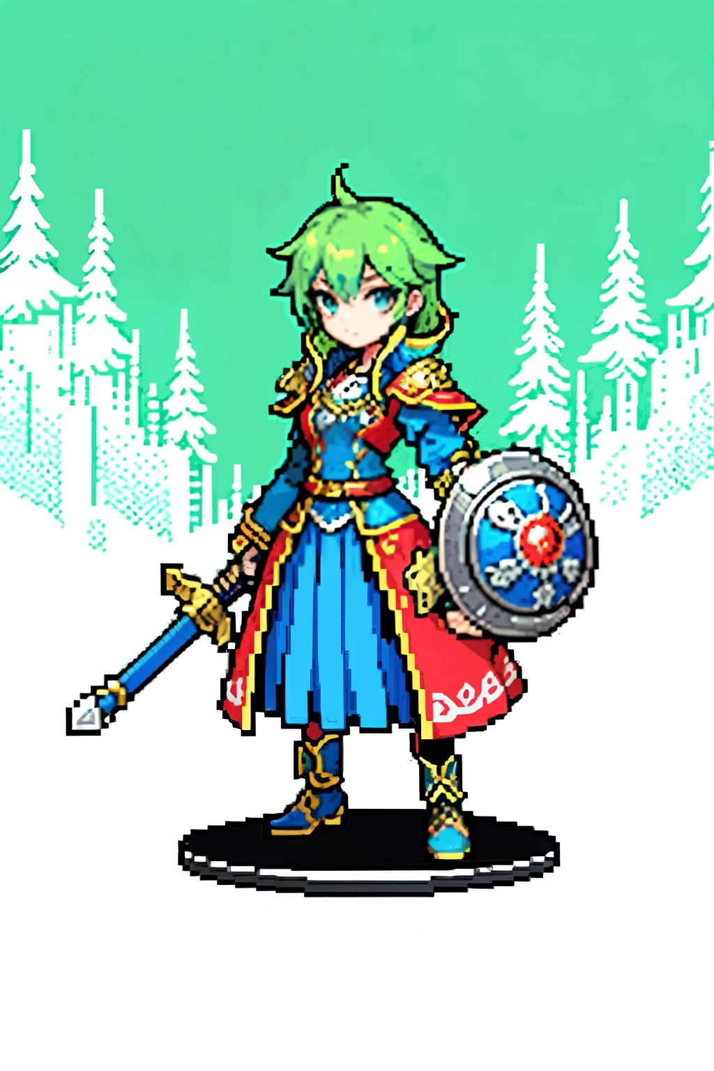 In the realm of Final Fantasy, a pixelated masterpiece comes to life, featuring a legendary RPG character with intricate details thatdefy the 2D isometric art. With a cartoonish charm and digital quality at its best, our hero stands equipped, holding a sword in one hand and a shield bearing an elegant coat of arms in the other. Dressed in a blue military uniform, the character's green hair flows freely in the wind, contrasting against the red fabric tied on their left shoulder, adding a fiery touch to their overall appearance. The super-detailed pixels capture every fiber of their uniform and every strand of their hair, creating an unforgettable and visually stunning display.