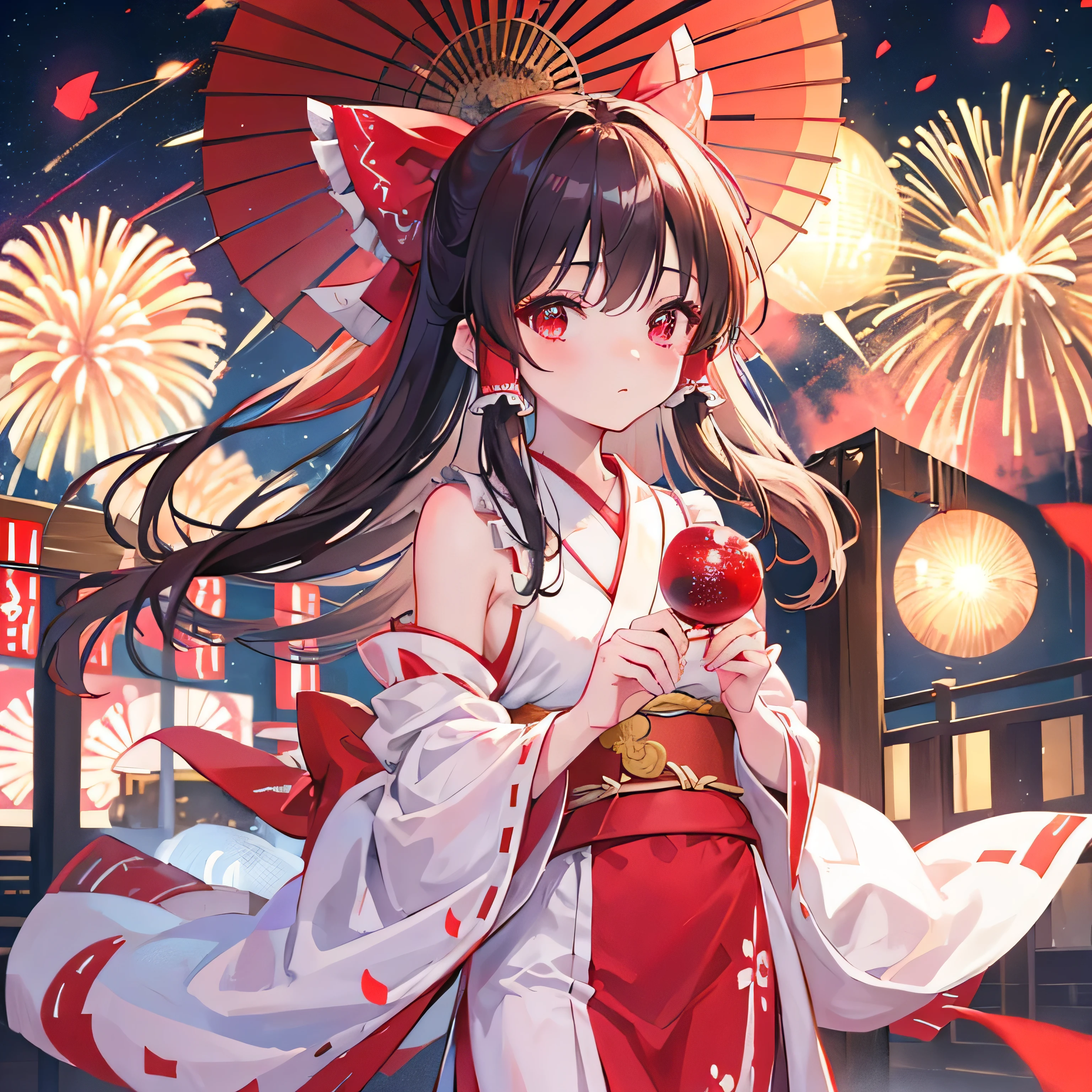Reimu Hakurei in kimono, masterpiece, small details, 4k, 8k, 12k, alone, alone, beautiful girl, white woman, red dress, yukata, kimono, Summer festival, night, firework