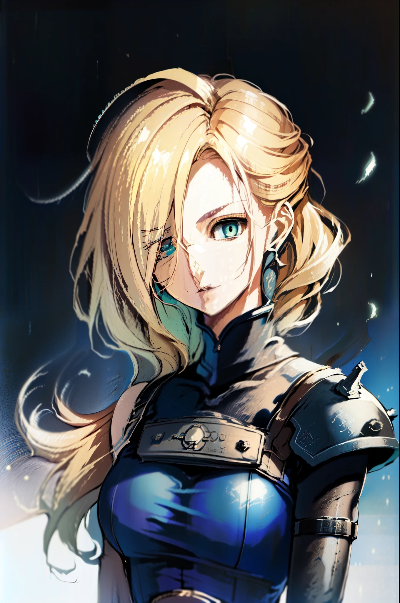 (masterpiece, best quality:1.2), expressive eyes, perfect face, highres, 1 girl, solo, (female:1.5), strife, blonde hair, shoulder armor, sleeveless turtleneck, suspenders, belt, gloves, bracer, blushing, surprised face, standing, portrait, looking at viewer,