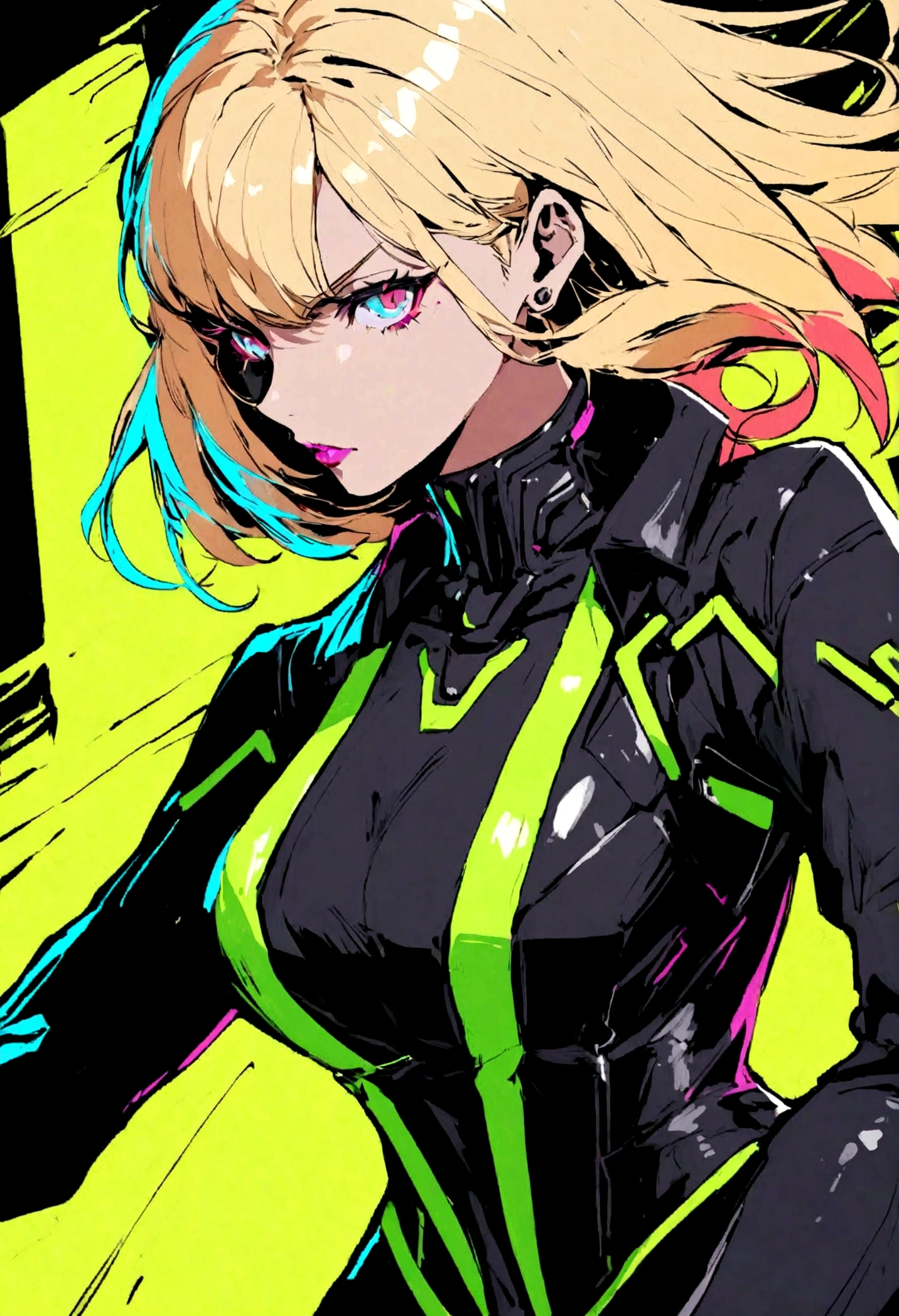 masterpiece, color photo of slim gorgeous blonde woman, sexy, cyberpunk, long hair, racing suit, latex, (((unbuttoned outfit))), ((open top)), small breasts, ((tight shirt)), looking at viewer, nikon 85mm, alone, single, neotokyo, outside, night, street, motorcycles, high tech, the future, soft light, centered, volumetric lighting, bomber jacket, ligne claire, flat color, chromatic aberration, high contrast, limited palette