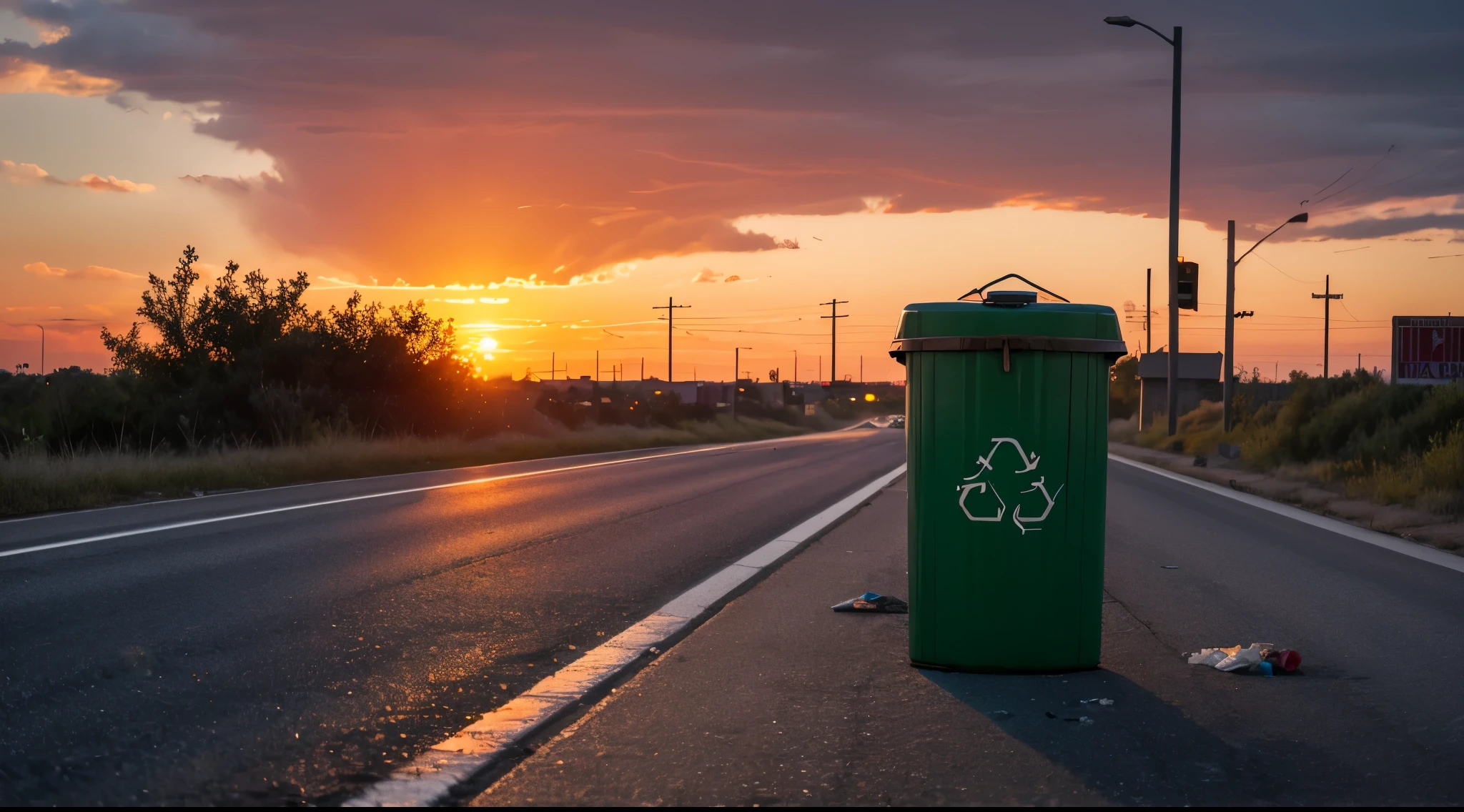 A trash can while chemical waste dripping from it on highway with sunset in the background as environmental disasters, ecology and pollution concept