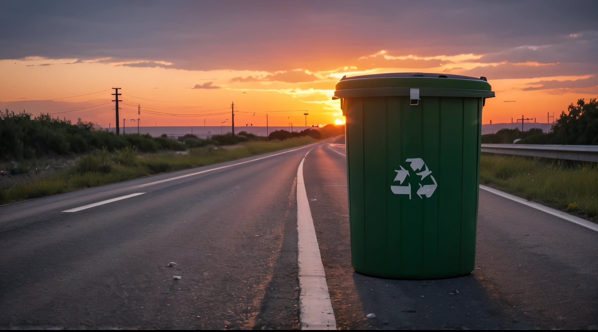 A trash can while chemical waste dripping from it on highway with sunset in the background as environmental disasters, ecology and pollution concept, cenamtic shot, close trash can