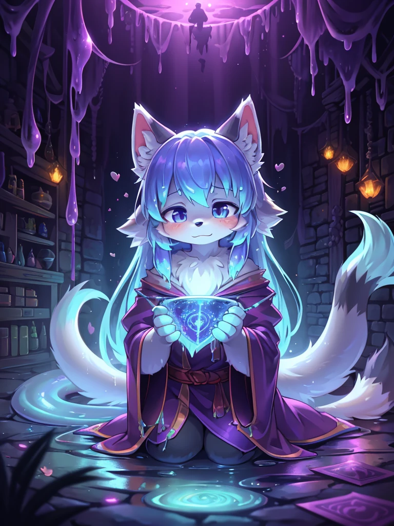 Hallucination, daydream , Fear , bokeh , hairy fur , apparitions and racoon dog girl , what a wonderful fantasy world , magician's robe , inside haunted dungeon , Slime attacks