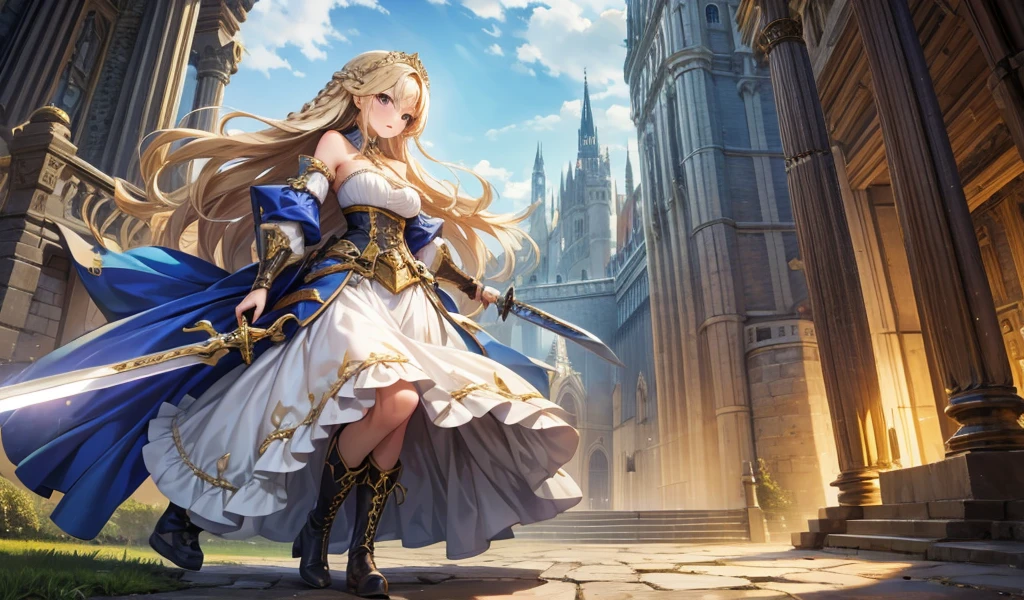 Long blond hair, Double small twist braids, woman,dress, long skirt, cleavage,Hand guard,Bare Legs,boots,Great Sword,Medieval European castles