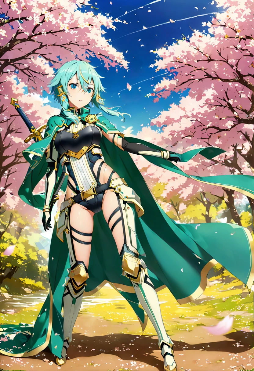 alone, 1 girl, Sky God Solus Sinon, keep, arms, Focus on women, sword, Cape, armor, bow, Handguard, sheath, armor, full armor, Integrated Knight，Cherry blossoms bloom all over the ground，Background of falling cherry blossom petals　(((masterpiece)))， ((highest quality))， ((Intricate details))　(8k)