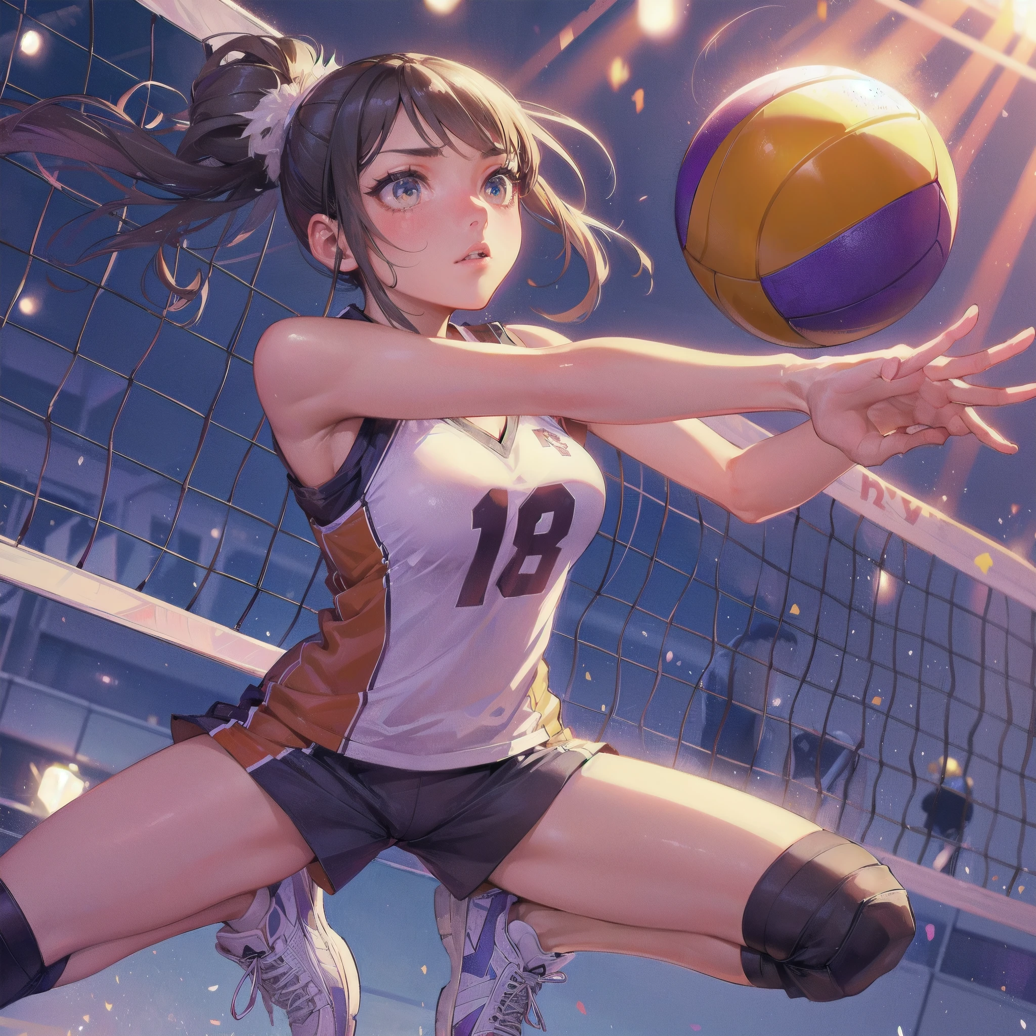 masterpiece, (textured skin), best quality, gorgeous beautiful girl, (a female volleyball athlete), detailed clothes,large breasts,narrow waist,, (beautiful face), cinematic lighting, (at volleyball venue),