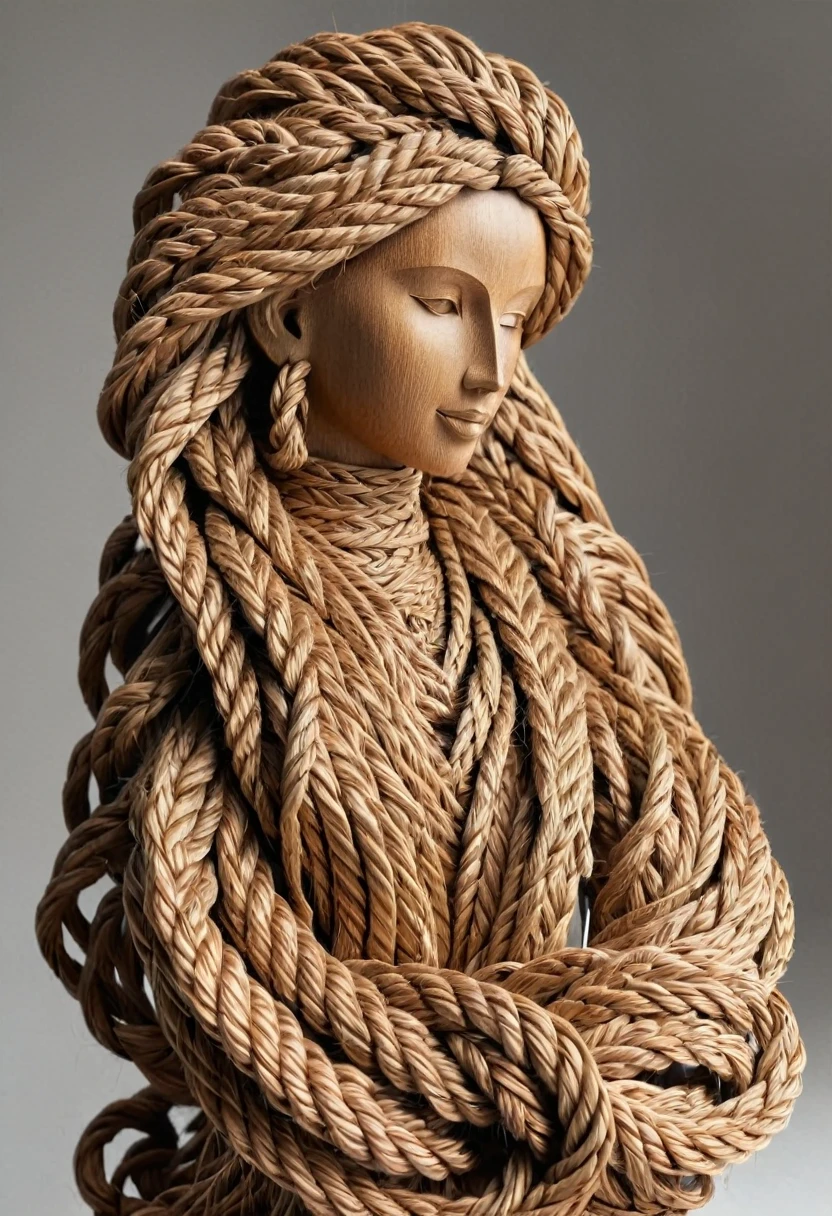 Sculpture d'une sublime femme faite en rotin tressés, corps entier, highly detailed rattan, very long hair in dark raffia rope braided braids , Sculpture très détaillé, poitrine push-up, (Best quality, 8k,masterpiece:1.2, hyperRéaliste:1.2)