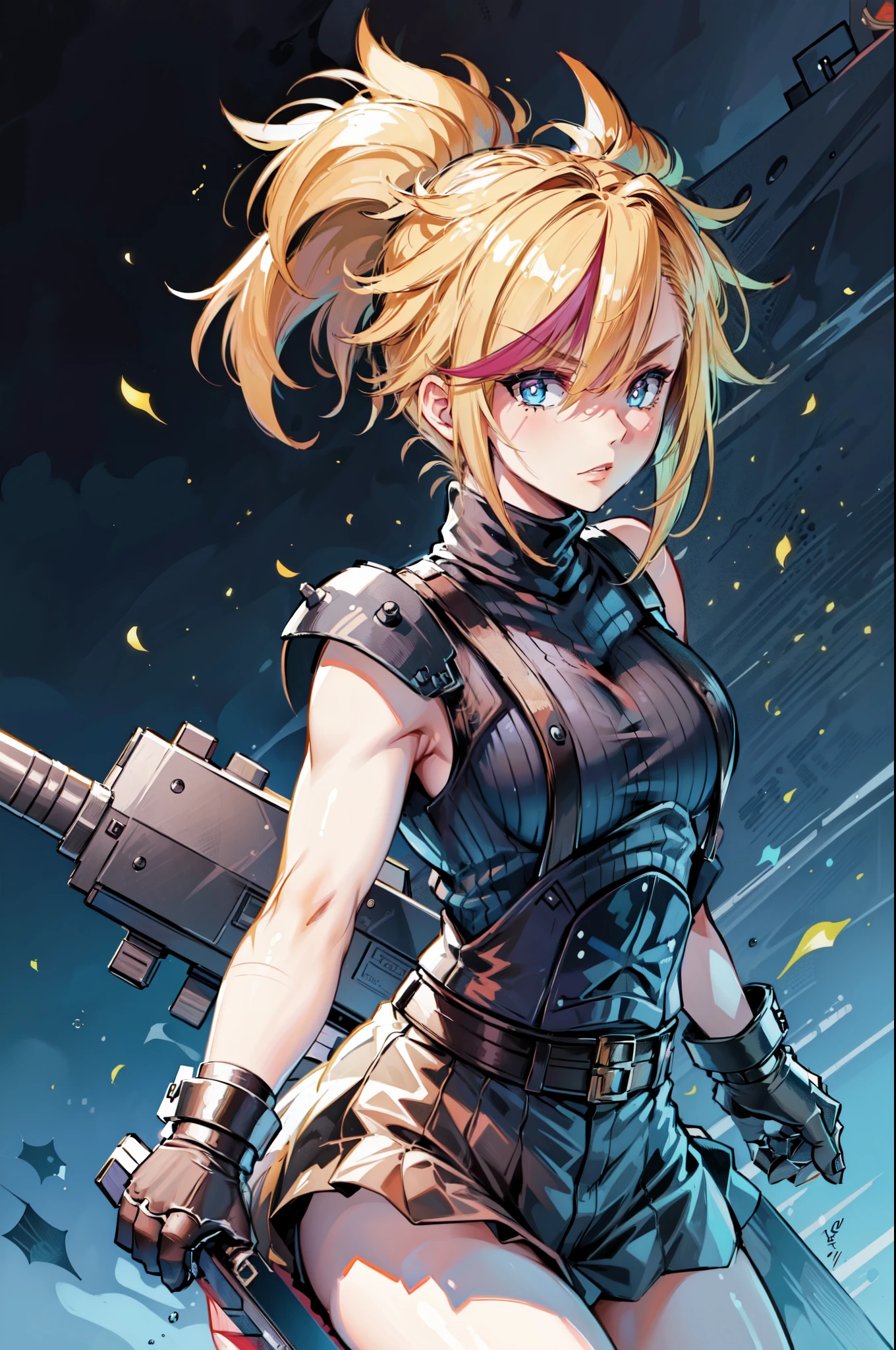 (masterpiece, best quality:1.2), Blue  glowing eyes, perfect face, highres, 1 girl, solo, ultra long ponytail, (female:1.5), strife, blonde hair, shoulder armor, sleeveless turtleneck, suspenders, belt, gloves, bracer, evil smile, standing, portrait, looking at viewer, giant sword on the back