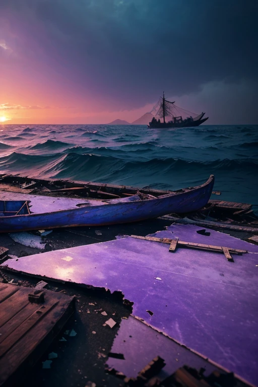 Purple violet ocean water with hazy atmosphere background. Fragments of ship wreckage on which a map’s fragment is lying there. Individual on a raft boat is rowing through the wreckage. Make it as eerie looking as possible. Use a wide angle. 16:9 aspect ratio