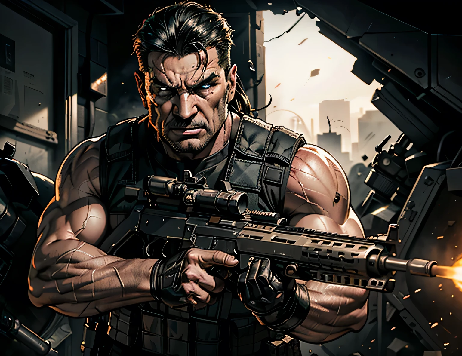 A highly detailed, hyper-realistic, cinematic image of a very angry Punisher, Frank Castle, storming with full weapons gear, machine gun, against his enemies, dramatic lighting, gritty, dark and grungy, cinematic composition, moody, intense, high contrast, masterpiece, 8k, photorealistic, chiaroscuro, dramatic shadows, muscular figure, tactical vest, combat boots, intense facial expression, gritted teeth, piercing eyes, tactical gear, assault rifle, action pose, debris, explosions, chaos, dramatic atmosphere