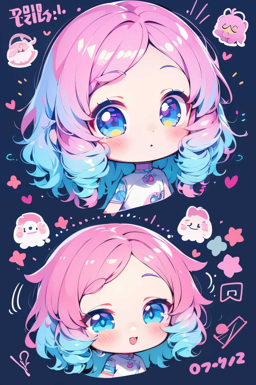 smile,happy,sad,mad,Curly hair,Chibigirl أنيمي تشيبي,light colors, Vector pattern, هوديي Y2Killustrator, anime ,Anime Chibi Girl,light colors, Vector pattern, هوديي Chibigirl , anime ,sketch , 1 Chibigirl ,blue ,lip,pink,,order, Blue gradient background, neon hair,Textured trim, Chibigirl ,(masterpiece,Best quality) ganyou styleChibi,vtube,pngtub r,very short hair,textured crops,