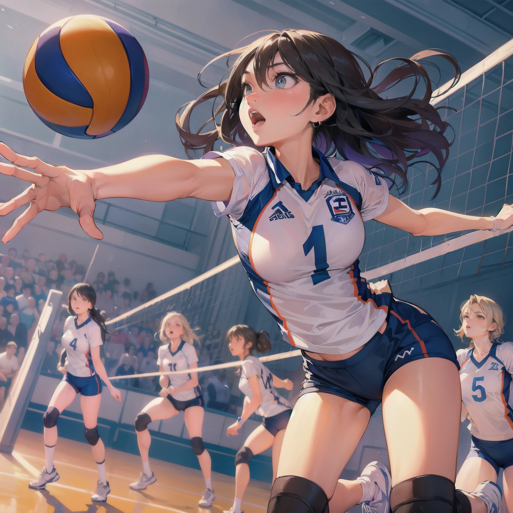  masterpiece, (textured skin), best quality, gorgeous beautiful girl, (a female volleyball athlete), detailed clothes,large breasts,narrow waist,, (beautiful face), cinematic lighting, (at volleyball venue),