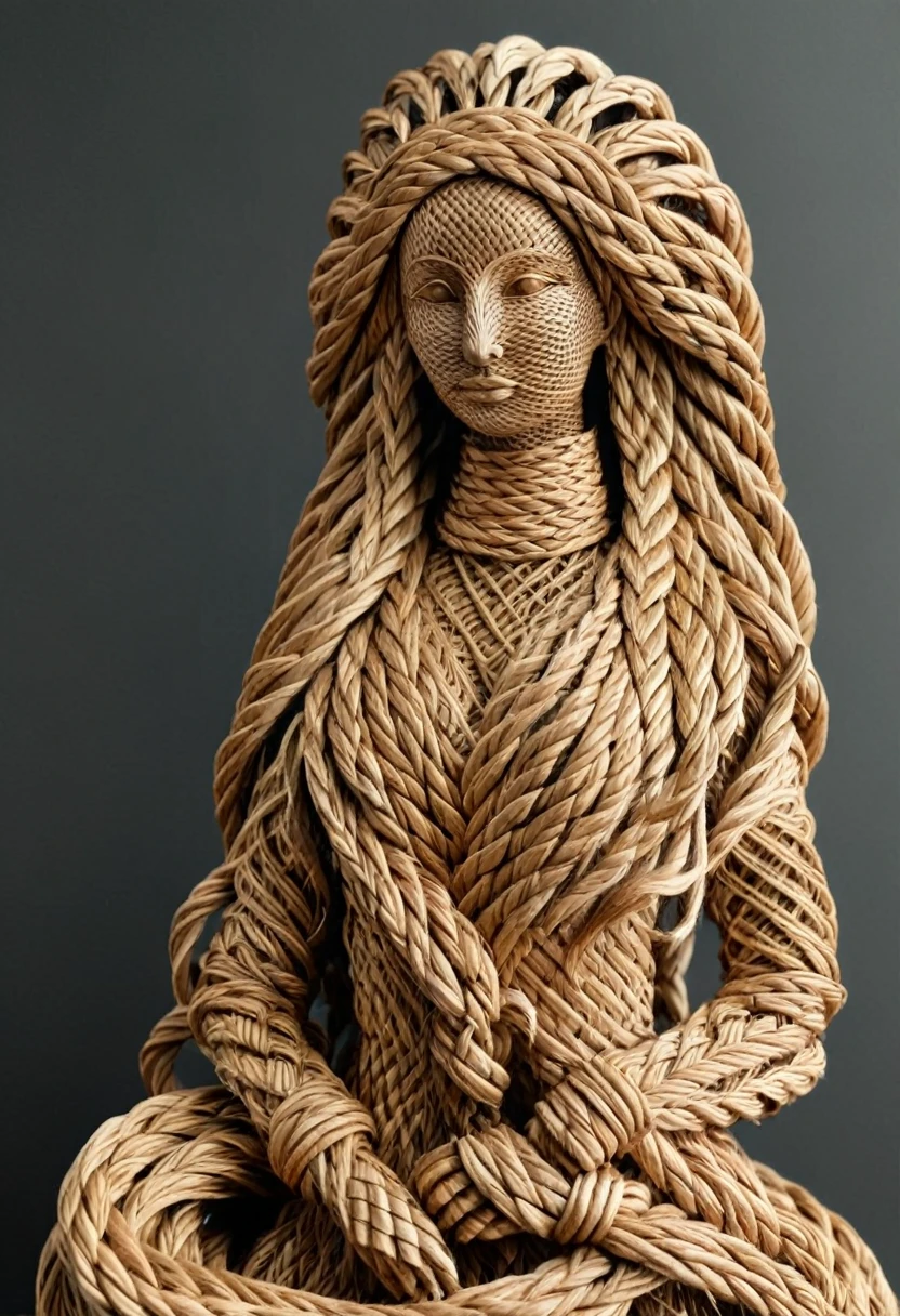 Sculpture d'une sublime femme faite en rotin tressés, corps entier, highly detailed rattan, very long hair in dark raffia rope braided braids , Sculpture très détaillé, poitrine push-up, narrow hip, longues jambes sublime, marche vers moi, me regarde droit dansles yeux, (Best quality, 8k,masterpiece:1.2, hyperRéaliste:1.2)