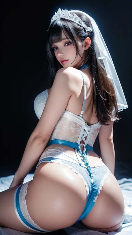 masterpiece, highest quality, Very detailed, To the camera, 複雑に詳細なVery detailed, Realistic, Sharp features, Very detailed, Sharp focus, Perfect Face, Perfect Face, Perfect symmetry and perfect eyes, Perfect Plump Lips, Flexible female form, Cinematic, Film Light, Very detailed, hyper Realistic, masterpiece, Atmospheric, High resolution, Vibrant, Dynamic Studio Lighting, ((Dark Background)), The expression when enduring pleasure, Straight bangs, blue eyes,Looking back,Exposed thighs、garter belt、Sexually aroused expressions、White Wedding Dress