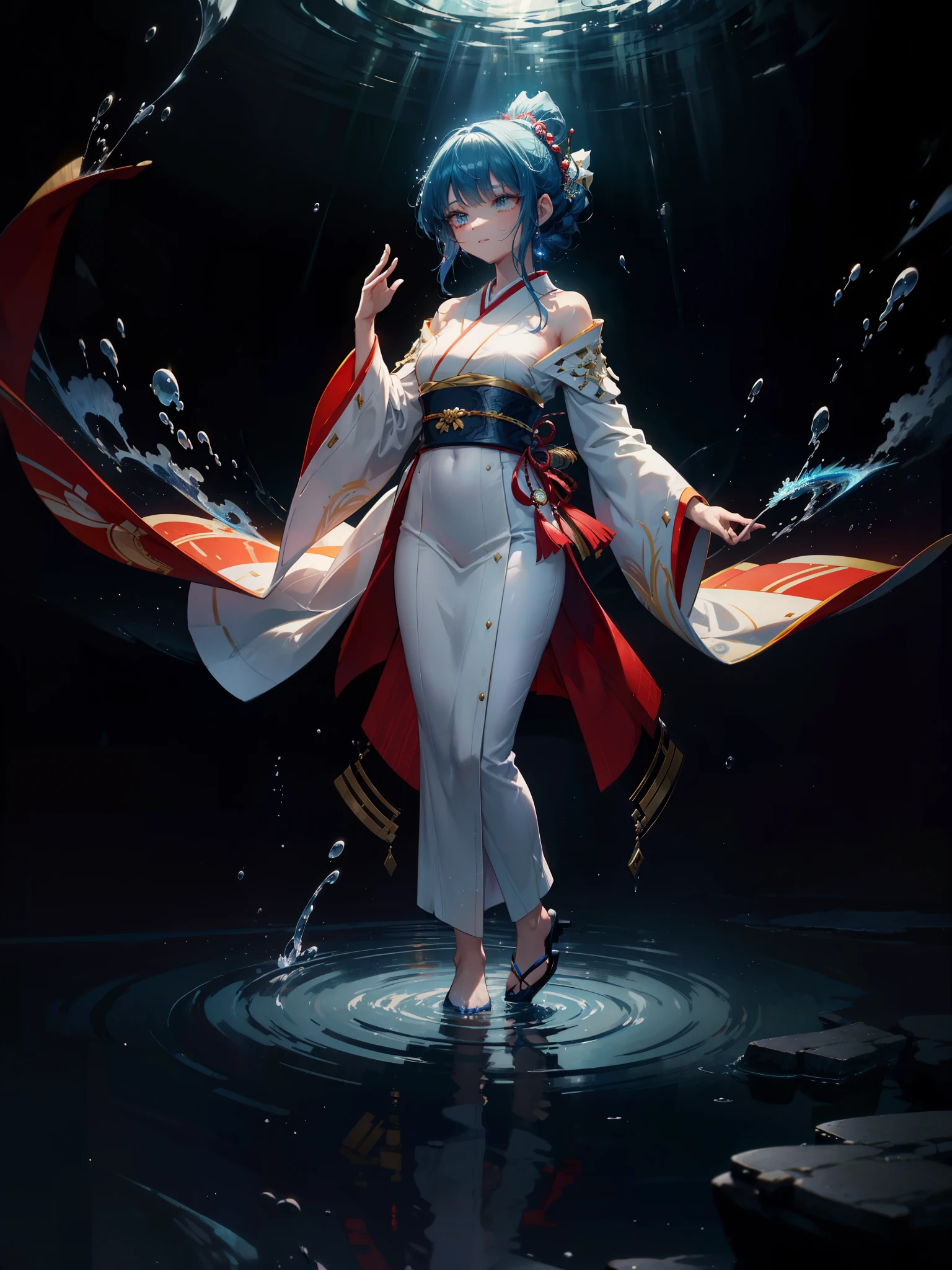 cinematic, intricate, elegant, highly detailed, sharp focus, rich bright colors, amazing light, shiny, brilliant, fantastic atmosphere, singular illumination, fine detail, creative, positive energetic,
1 japanese girl, floating water, fantasy setting, dancing, waterbending,