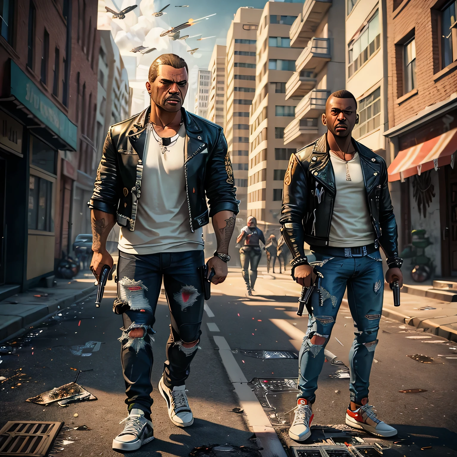 ((((Grand Theft Auto Masterpiece, Best Quality, Stylized Graphics))), (High-resolution, 4K Wallpaper, Detailed Textures), Open World, Realistic Characters, Immersive Environment, Crime Drama, Dynamic Lighting, Intense Action, Explosive Effects, (Multiple Characters:3), Criminals, Gangsters, Civilians, (Tight leather jackets, Jeans, Sneakers:1.5), Smoky alleys, Vibrant cityscapes, Abandoned buildings, Graffiti, (Highly detailed city environments:1.0), (Masterpiece), High Quality, 3D Modeling