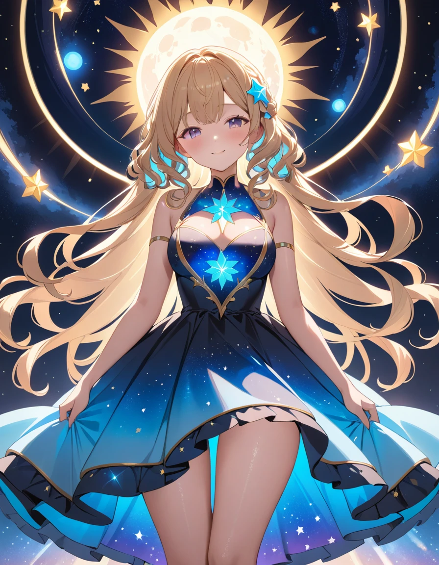 (masterpiece, best quality), high resolution, high quality,cute 1girl, shiny luminous hair, curly long, very long hair, dress made of galaxies covered in stars, sun, stars,
