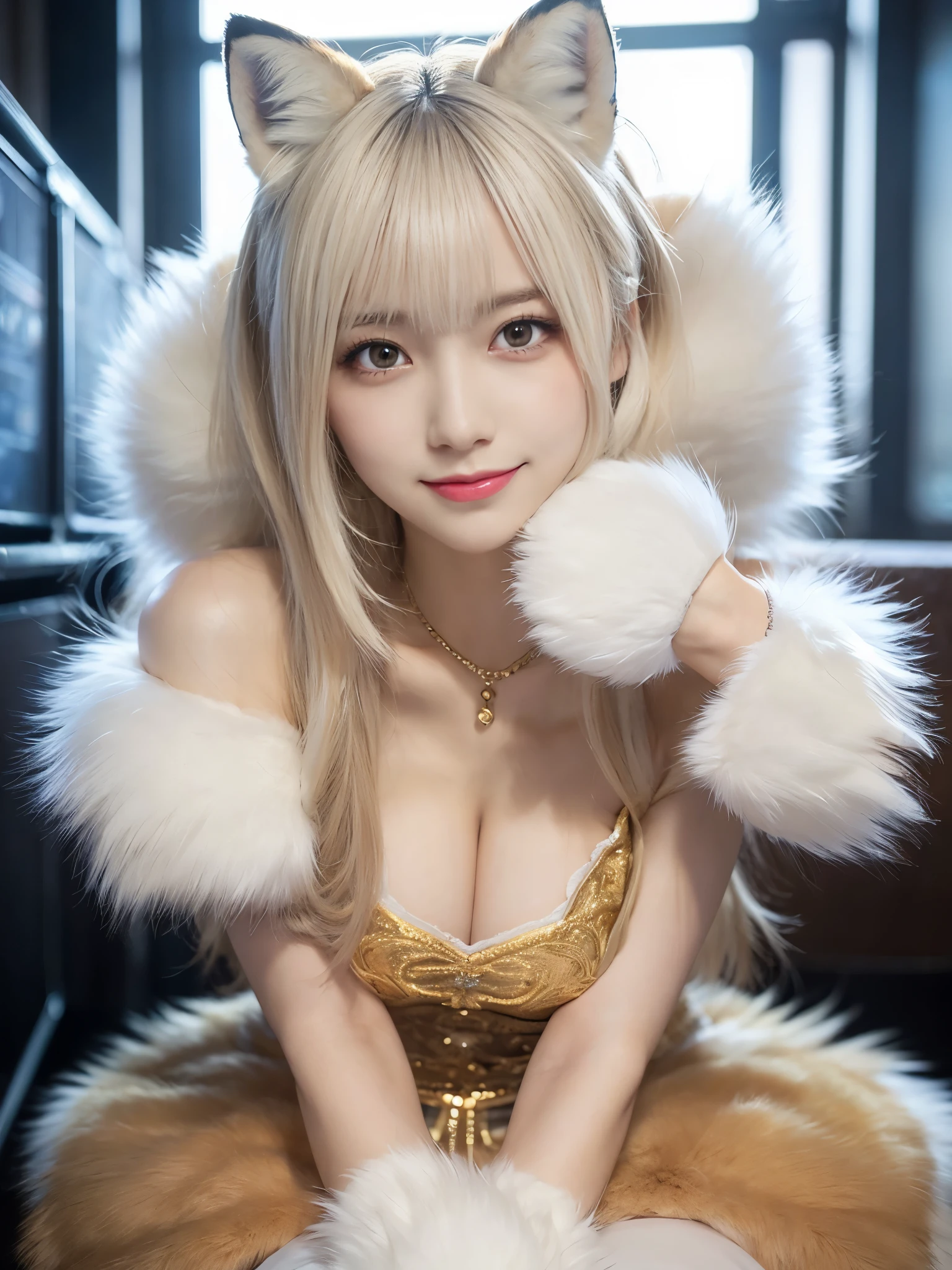 ( Masterpiece, highest quality), 98k, ((Perfect Anatomy:1.3)),Beautiful Japanese Women, Succubus,alone, 18-year-old, Small face,(Cute face:1.2),Smiling, Larger breasts, ,Beautifully detailed round eyes, Evenly spaced eyes 1.2, Long platinum blonde hair,Random Hair, (Highly detailed face and skin texture), Beautiful face in golden proportions,White skin,Accentuate your beautiful legs,(Fox::1.2),(Fur dress:1.2),(Fluffy Fox Paw Gloves:1.2),(Fluffy tail),Random sexy poses, The background is the underworld