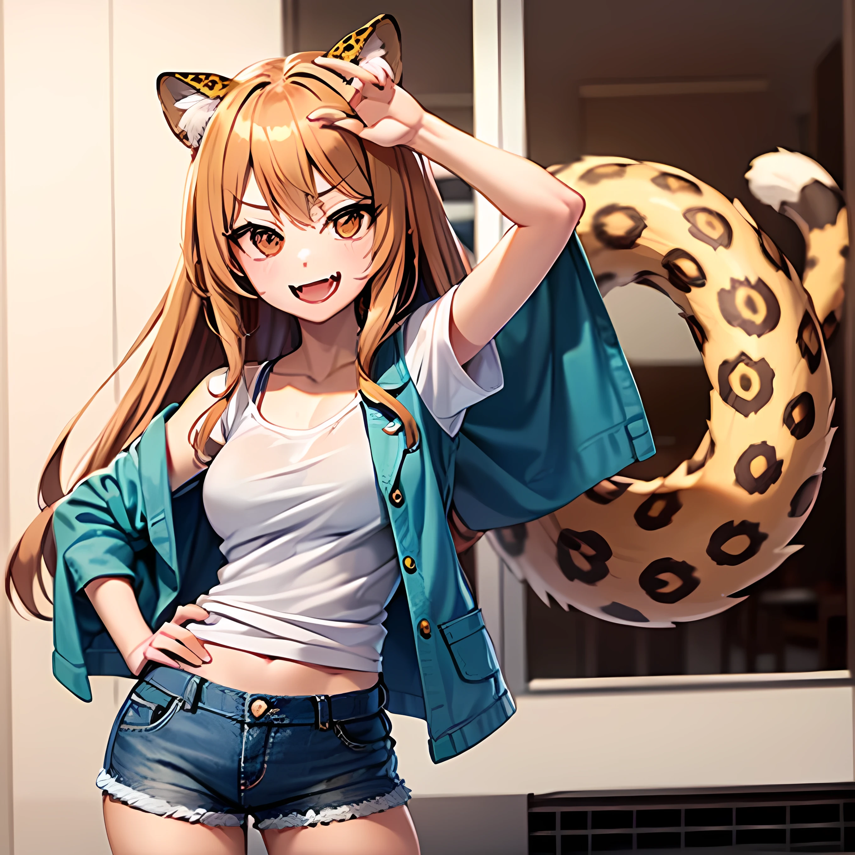 Cute girl, long caramel hair, caramel hair, brown eyes, leopard Nekomimi, fangs, wearing white T-shirt with a teal vest and denim shorts, 