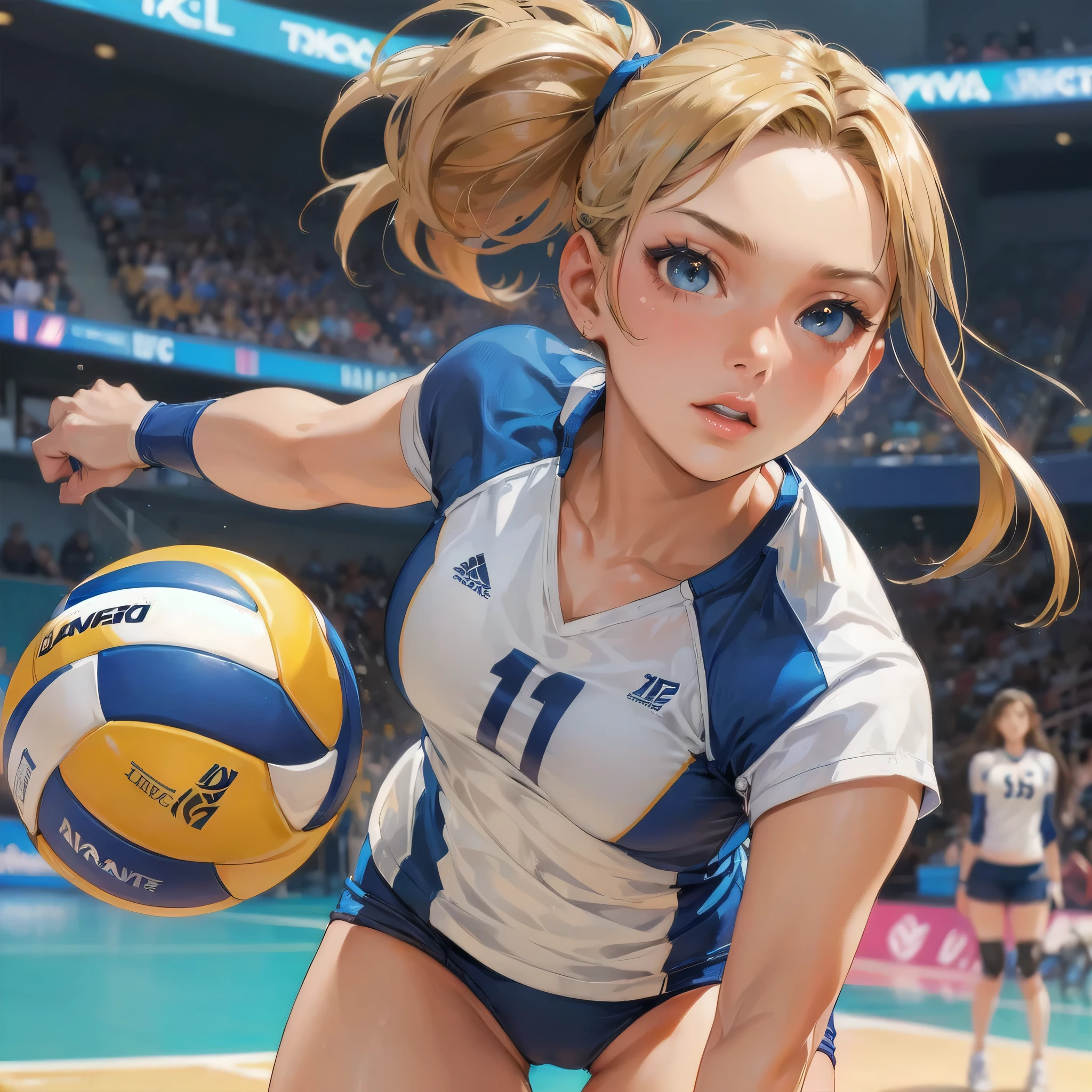 masterpiece, (textured skin), best quality, gorgeous beautiful girl, (a female volleyball athlete), detailed clothes,large breasts,narrow waist,, (beautiful face), cinematic lighting, (at volleyball venue),