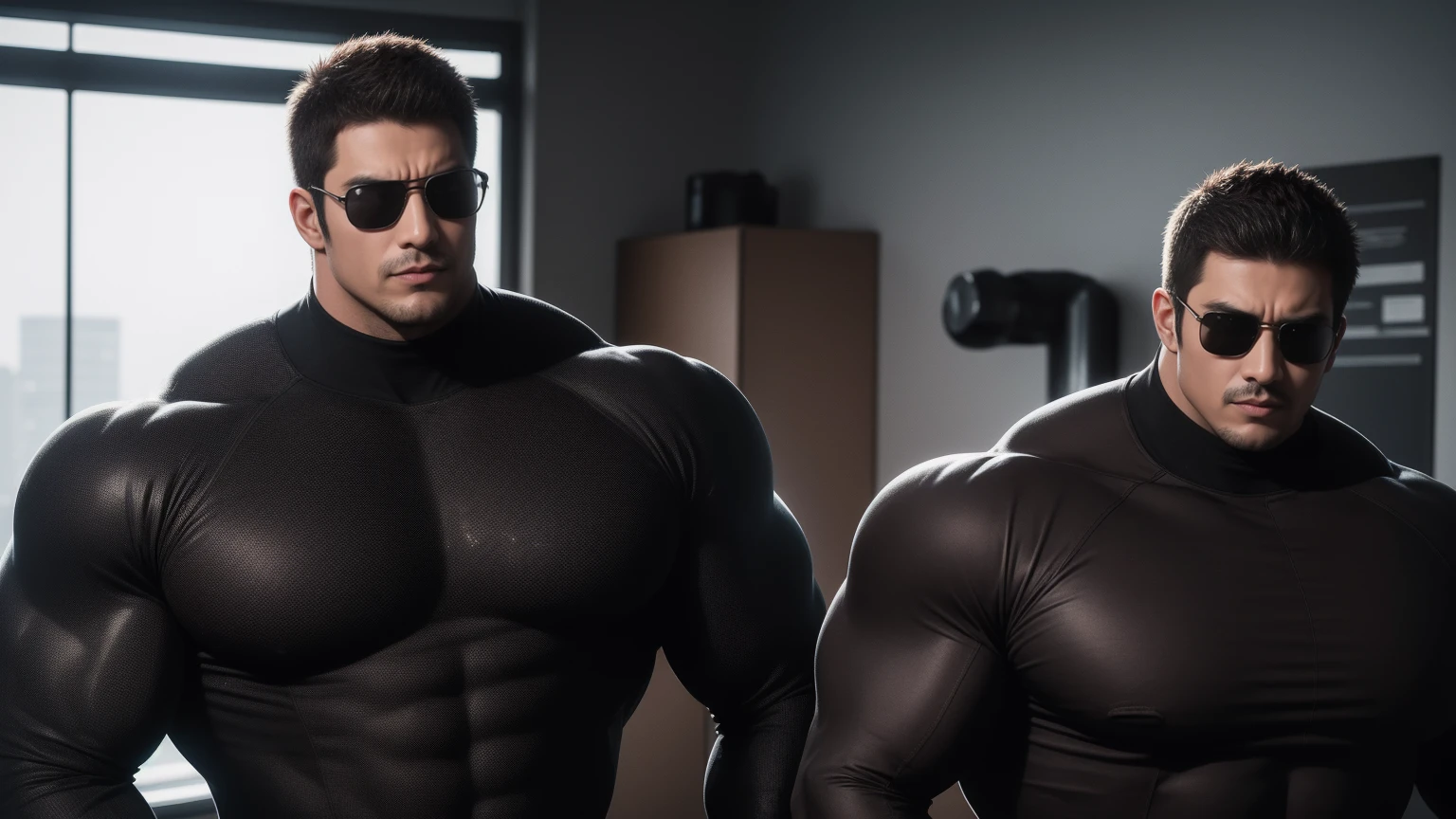 1 super muscular man,  He wears sunglasses，The texture of the brown denim fabric of the tights，Sitting in the office，Working on a laptop with a focused look，He wears sunglasses，Buzz Cut，In a luxurious office, Wear a long-sleeved brown turtleneck tights, Denim fabric texture，Thickened warm elastic texture，Clothes are very dirty with mud stains，The expression is arrogant, Thick thighs, High collar long sleeve coffee color high collar tights, very tight, Regular symmetrical pattern, Highlight muscles, Police uniform pants, character concept（Resident Evil - Chris Redfield, Chris Redfield）A proud expression, Deep and charming eyes, Heroic male pose, tall Burly, muscular！muscular thighs, tough guy, perfect facial features, High, Burly, Heqiang, Super polished and cool, High Resolution Committee, Charismatic, Sunlight through the window, shine on body