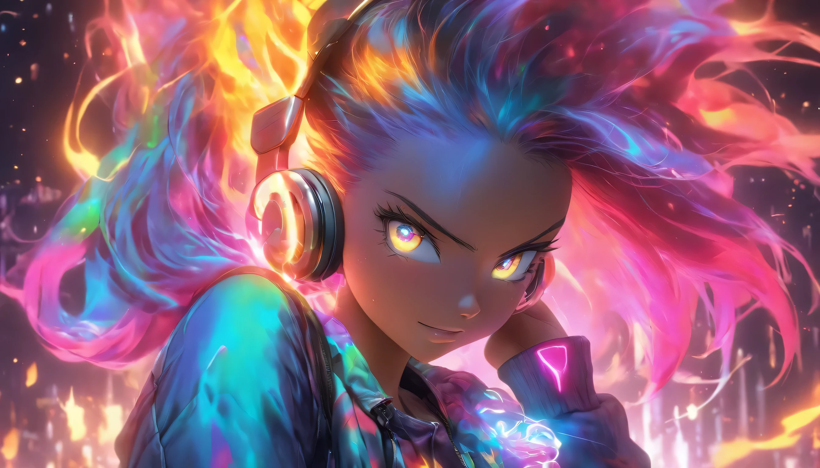 Transparent color PVC clothing, Clear Vinyl Mechanic Hoodie, Prismatic, Holographic, chromatic aberration, Fashion Illustration, masterpiece, DJ,, 8k, Super detailed, Pixiv、(((profile)))、((Colorful Hair))、(((Wearing futuristic headphones)))、、(((Rainbow Hair)))、((Too big boobs))、((Skinny Mechanic Denim))、(((In flames)))、((Colorful eyes))、(((Many glowing sparks))、(((Colorful and mysterious flames)))、engulfed in flames、(smile)、(((Full Body)))、((Extremely long hair))、((Strike a Pose))