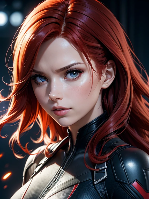 (best quality), (close-up), (headshot), beautiful close shot of Black widow from marvel comics (wavy red hair), (Bright Bule eyes), wearing tight black body suit, HDR, 4k, UHD, 3D