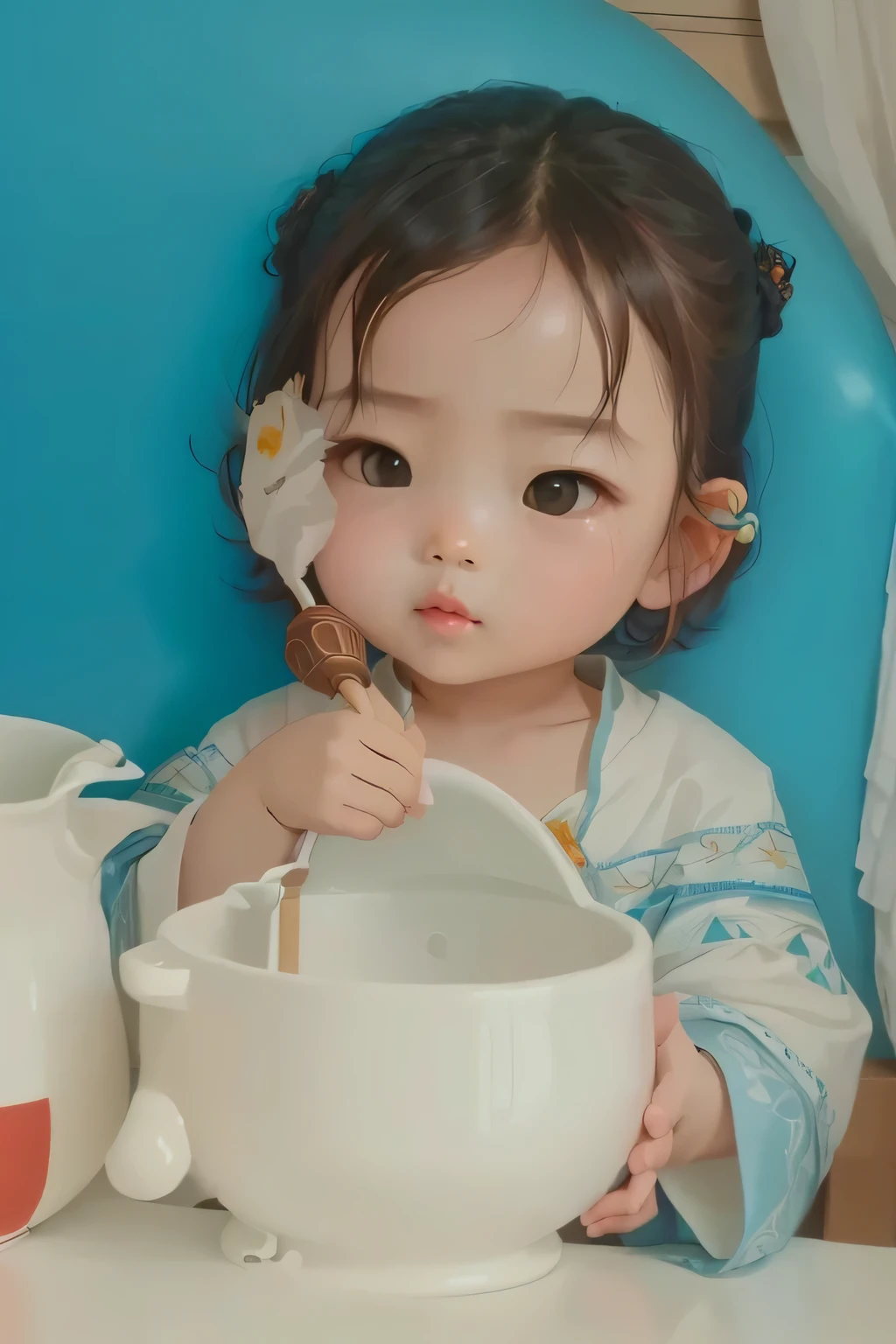 There is a woman and a looking at a bowl, Niwanchantara, young , 2 yearild, Tawanduchani, yanjun chengt, innocent look, young wan angel, mine, That's it, He is about 2 years old5 yeld, innocent face, He is about 30 years old