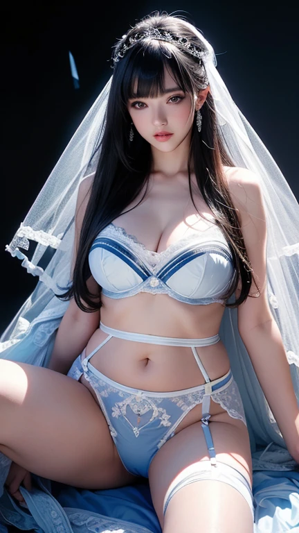 masterpiece, highest quality, Very detailed, To the camera, 複雑に詳細なVery detailed, Realistic, Sharp features, Very detailed, Sharp focus, Perfect Face, Perfect Face, Perfect symmetry and perfect eyes, Perfect Plump Lips, Flexible female form, Cinematic, Film Light, Very detailed, hyper Realistic, masterpiece, Atmospheric, High resolution, Vibrant, Dynamic Studio Lighting, ((Dark Background)), The expression when enduring pleasure, Straight bangs, blue eyes,,Exposed thighs、garter belt、Sexually aroused expressions、White Wedding Dress