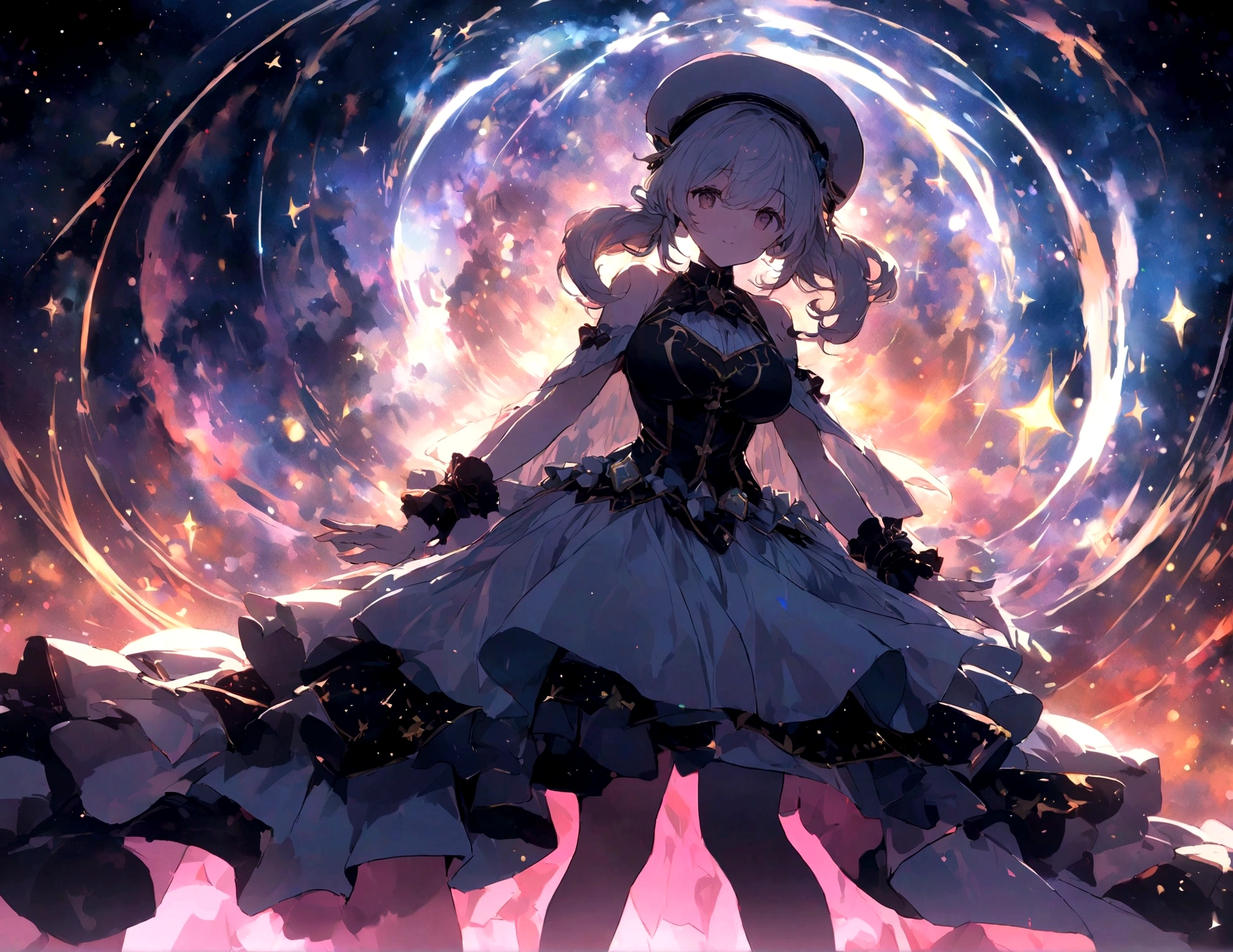 Cute Bear, Wear an idol costume,Wear a hat, Fantasy, Accent lighting, Facing forward、Spectral Color, Anime Big Tits, A winding road lit by millions of stars.