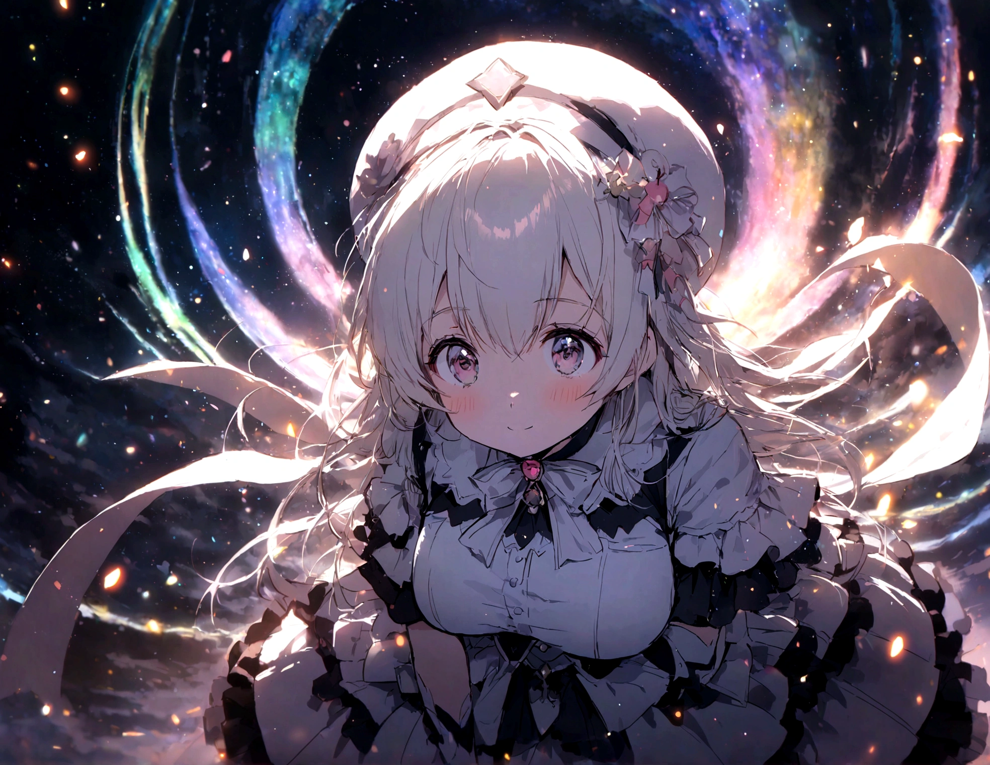 Cute Bear, Wear an idol costume,Wear a hat, Fantasy, Accent lighting, Facing forward、Spectral Color, Anime Big Tits, A winding road lit by millions of stars.