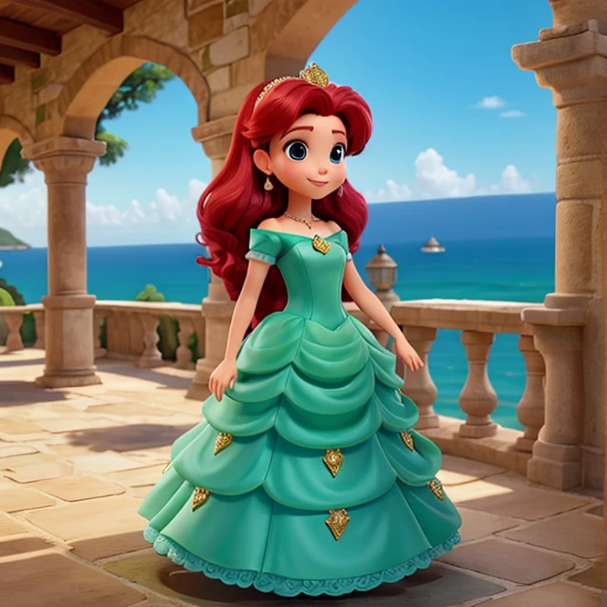 Princesa Ariel vestido verde longo e volumoso cabelos vermelhos de costa na varanda do castelo