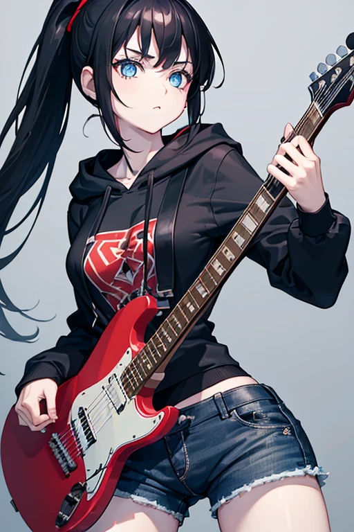 (Rocker girl playing guitar), black hair girl, ((((blue eyes))))、 Super high quality, 8K、Upper body、 black background、 (black hoodie), ((((Young face)))), ((Red Electric Guitar)), denim shorts, (Pleased),(Long ponytail), (big tits),(((pale skin))),