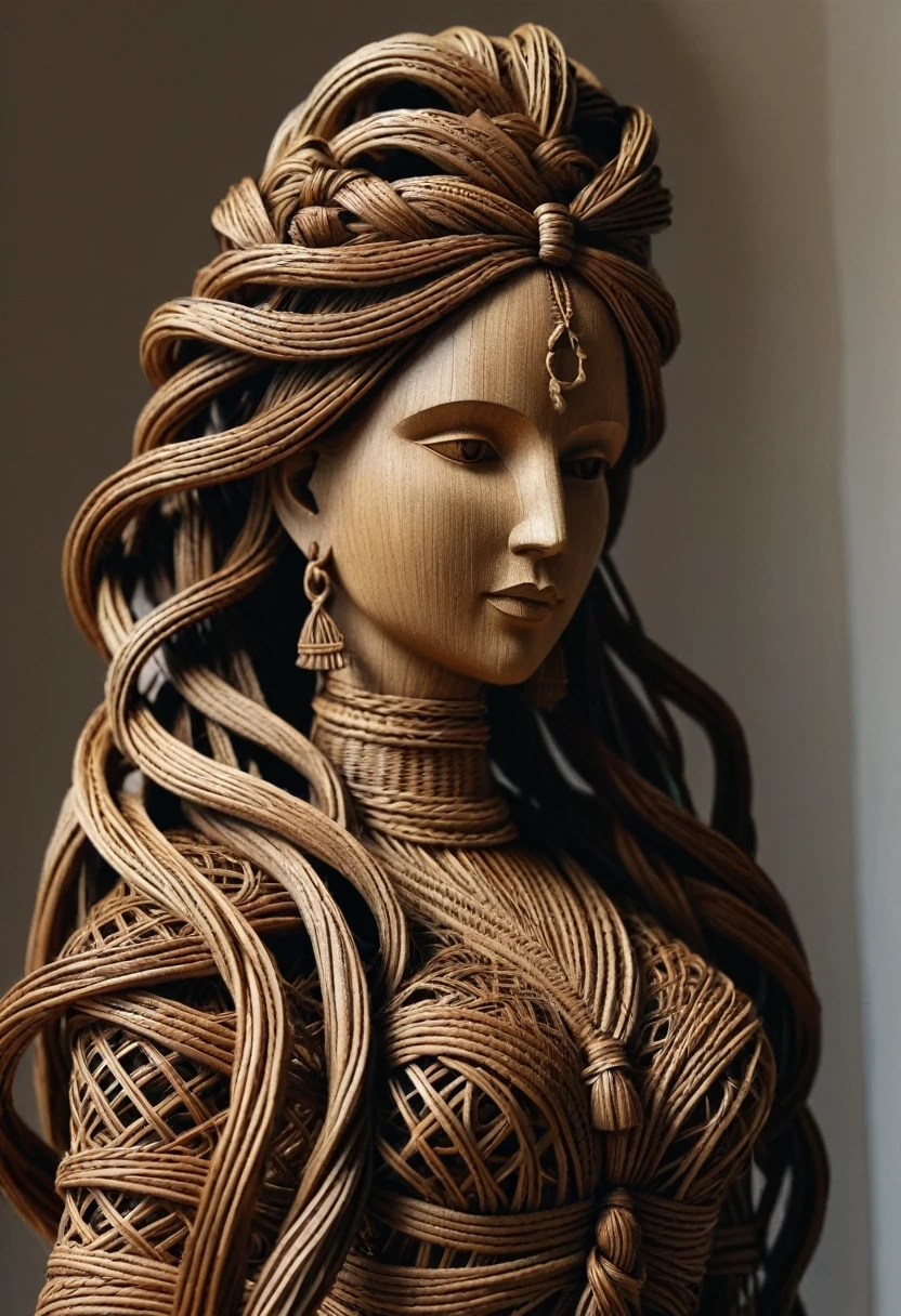 Sculpture d'une sublime femme faite en rotin tressés, corps entier, highly detailed rattan, very long hair in dark raffia rope braided braids , Sculpture très détaillé, (poitrine effet push-up,  longues jambes sublimes, marche vers moi, me regarde droit dans les yeux), (Best quality, 8k,masterpiece:1.2, hyperRéaliste:1.2)