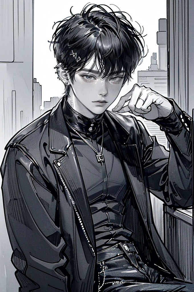 (4K works))、​masterpiece、(top-quality)、((Black cityscape background))、Indonesian Male、Adult male、((Adult 30 years old))、((Adult uncle type))、((Leather Jeans Style))、Cool Men、tall、((Wild features))、((Wild look))、((angry expressions))、((Long sleeve long trouser style))、((Diamond face))、((Thin Almond eyes))、Slim body、(((short-haired)))、((Shot alone))、((Solo Photography))、Professional Photos、((He is in front of the viewer))、((Monochrome photography))、((Upper body photography))、((Wear a lot of piercings))、((Piercing on the lips))、((Tongue piercing))、((Icon Photo))、((Sick Boyine Boys))、((sassy pose))