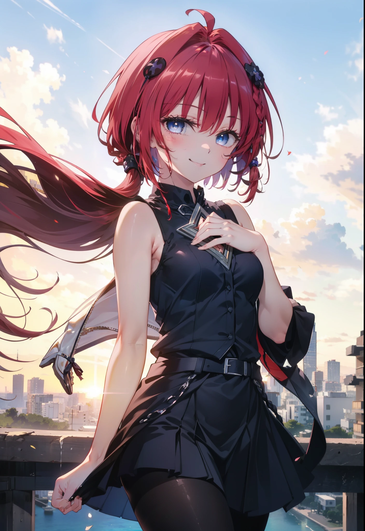 (masterpiece, highest quality:1.2),shape,8k,High resolution,kurosaki mea,Red Hair,Long Hair,Long braids,Purple eyes,1 girl,happy smile, smile, Close your mouth,,Sleeveless black dress,Bare arms,black long skirt,Black pantyhose,Stiletto heels,evening,Sunset,The sun is setting,Looking up or down,
break looking at viewer,Upper Body, (Cowboy Shot:1. 5)
break outdoors, Coastal Road,
break (masterpiece:1.2), highest quality, High resolution, unity 8k wallpaper, (shape:0.8), (Beautiful and beautiful eyes:1.6), Highly detailed face, Perfect lighting, Extremely detailed CG, (Perfect hands, Perfect Anatomy),