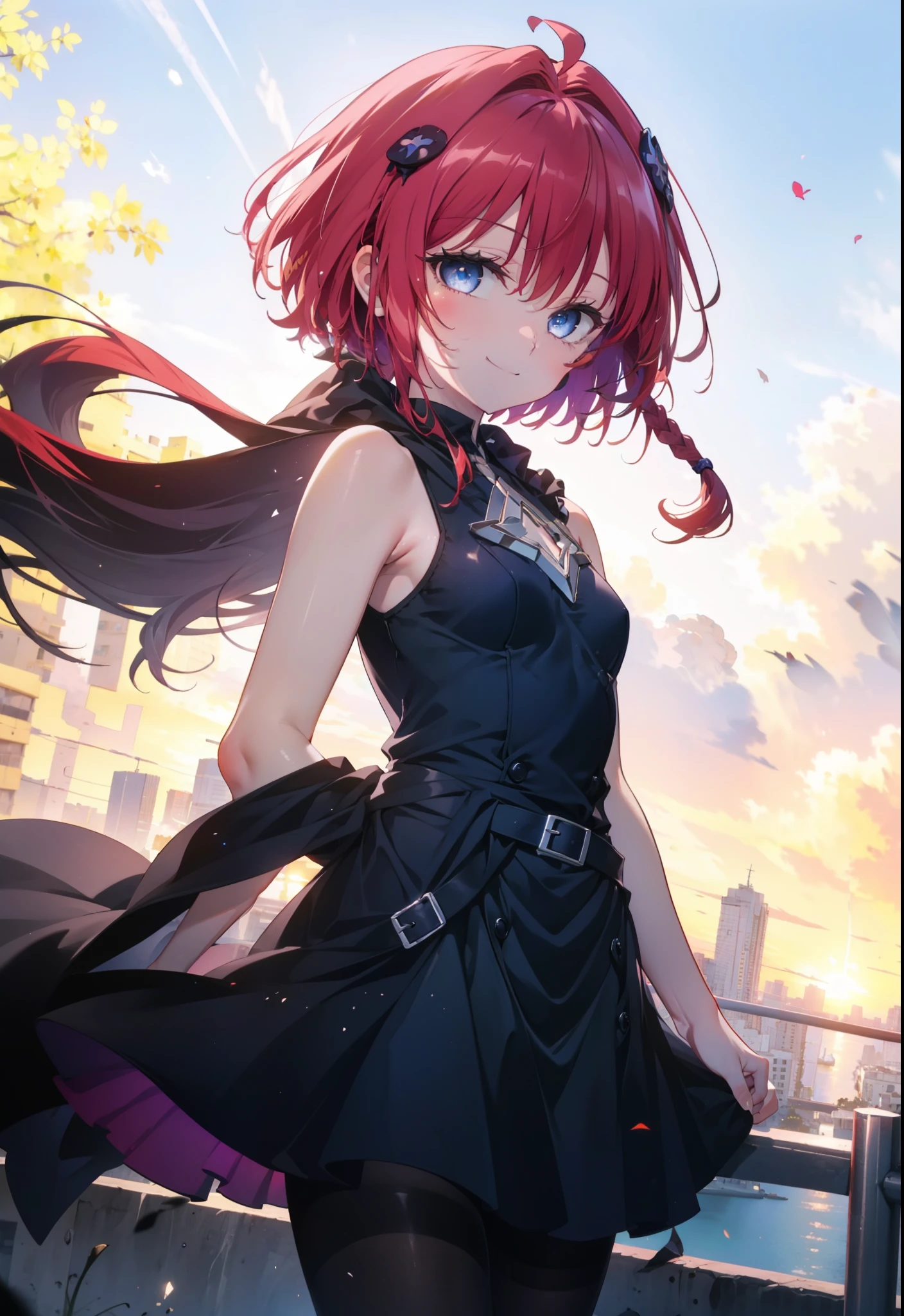 (masterpiece, highest quality:1.2),shape,8k,High resolution,kurosaki mea,Red Hair,Long Hair,Long braids,Purple eyes,1 girl,happy smile, smile, Close your mouth,,Sleeveless black dress,Bare arms,black long skirt,Black pantyhose,Stiletto heels,evening,Sunset,The sun is setting,Looking up or down,
break looking at viewer,Upper Body, (Cowboy Shot:1. 5)
break outdoors, Coastal Road,
break (masterpiece:1.2), highest quality, High resolution, unity 8k wallpaper, (shape:0.8), (Beautiful and beautiful eyes:1.6), Highly detailed face, Perfect lighting, Extremely detailed CG, (Perfect hands, Perfect Anatomy),